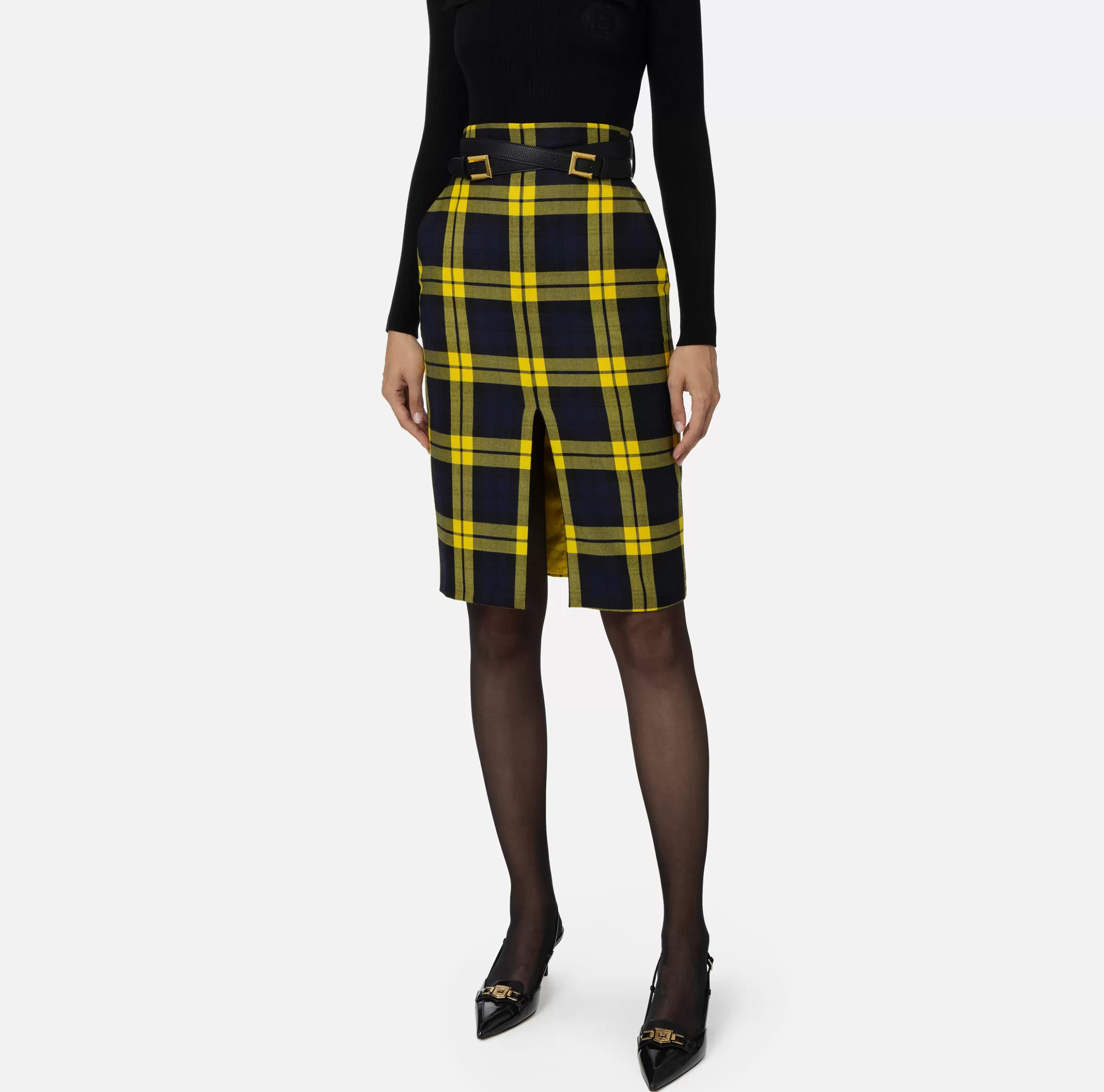 Elisabetta Franchi Gonne^Gonna midi in lana tartan con cintura Navy/Mimosa