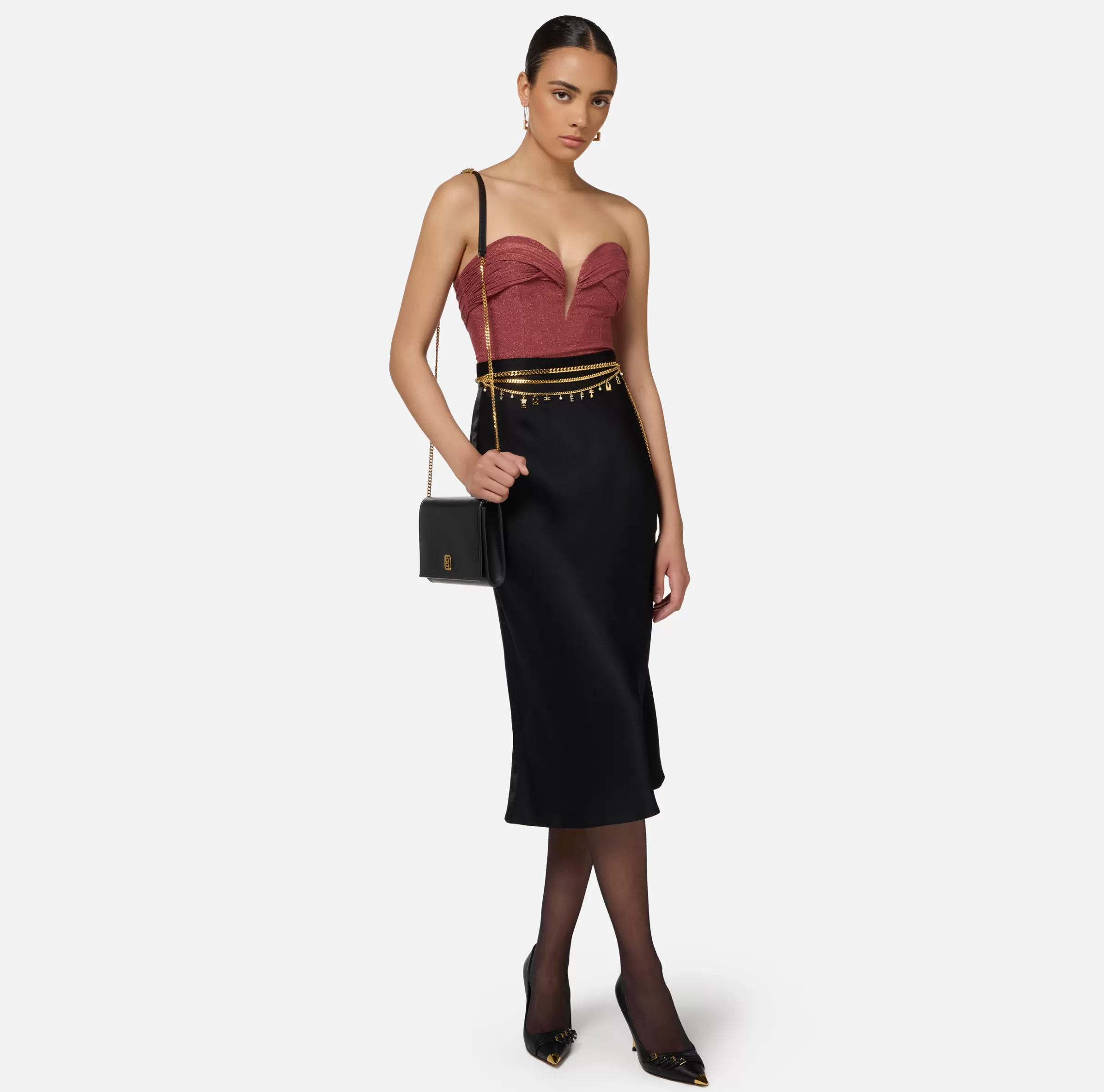 Elisabetta Franchi Gonne^Gonna midi in satin con bande in raso Nero