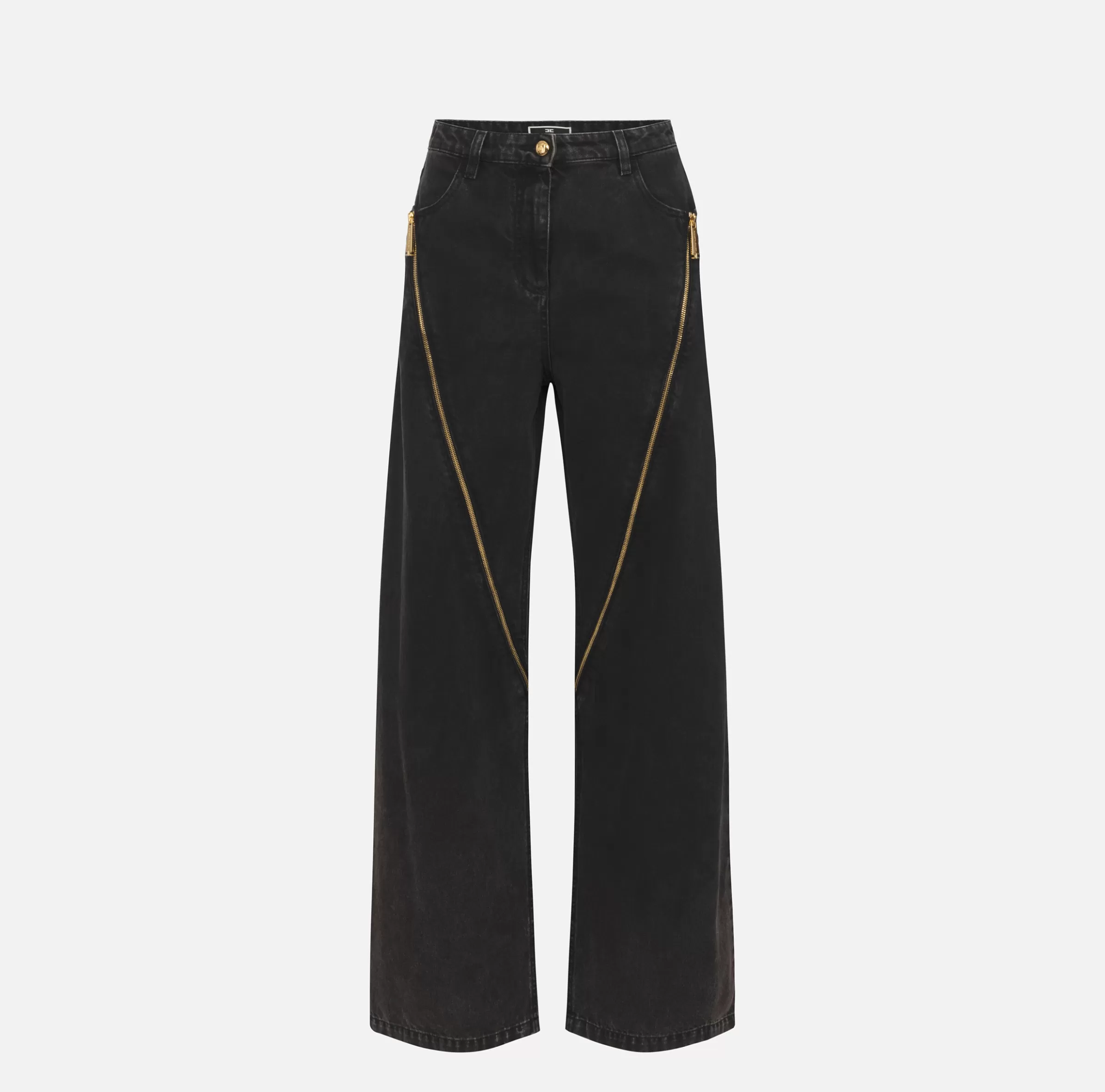 Elisabetta Franchi Jeans^Jeans a gamba larga in cotone con zip Nero