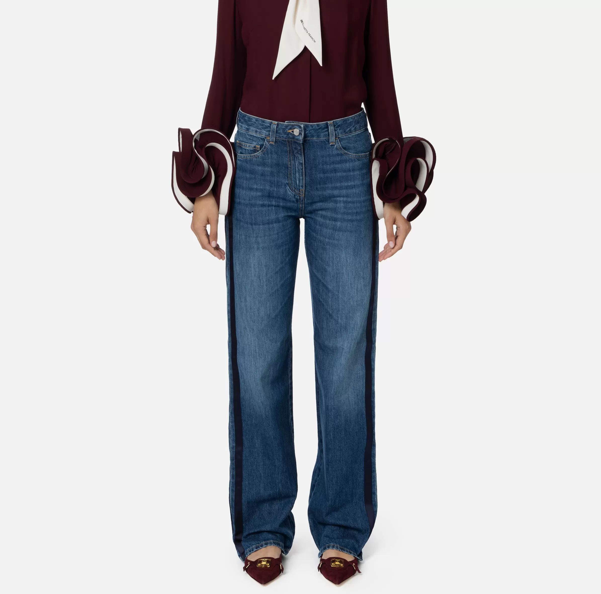 Elisabetta Franchi Jeans^Jeans a gamba larga in cotone organico con bande in raso Bluedenim