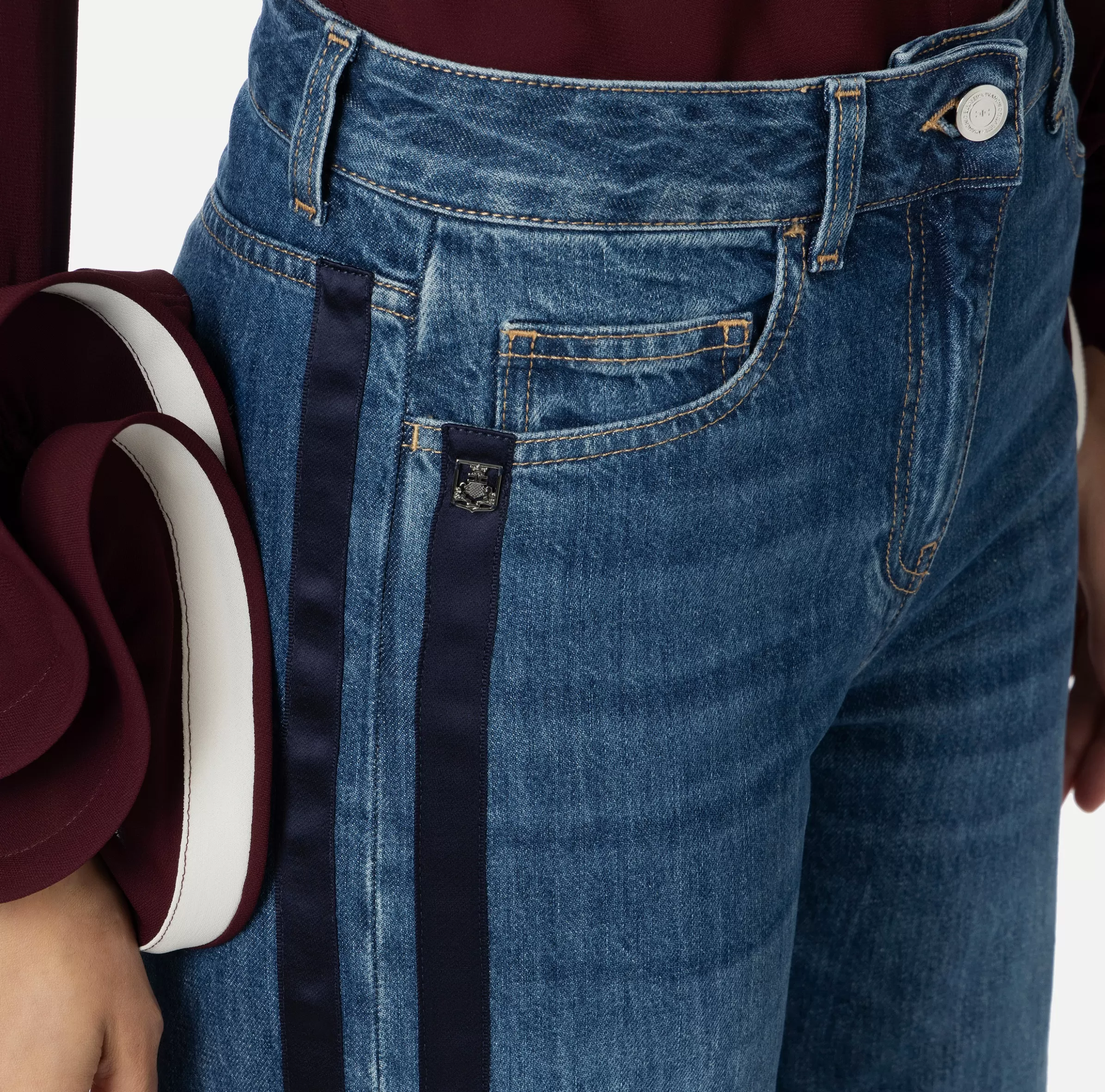 Elisabetta Franchi Jeans^Jeans a gamba larga in cotone organico con bande in raso Bluedenim