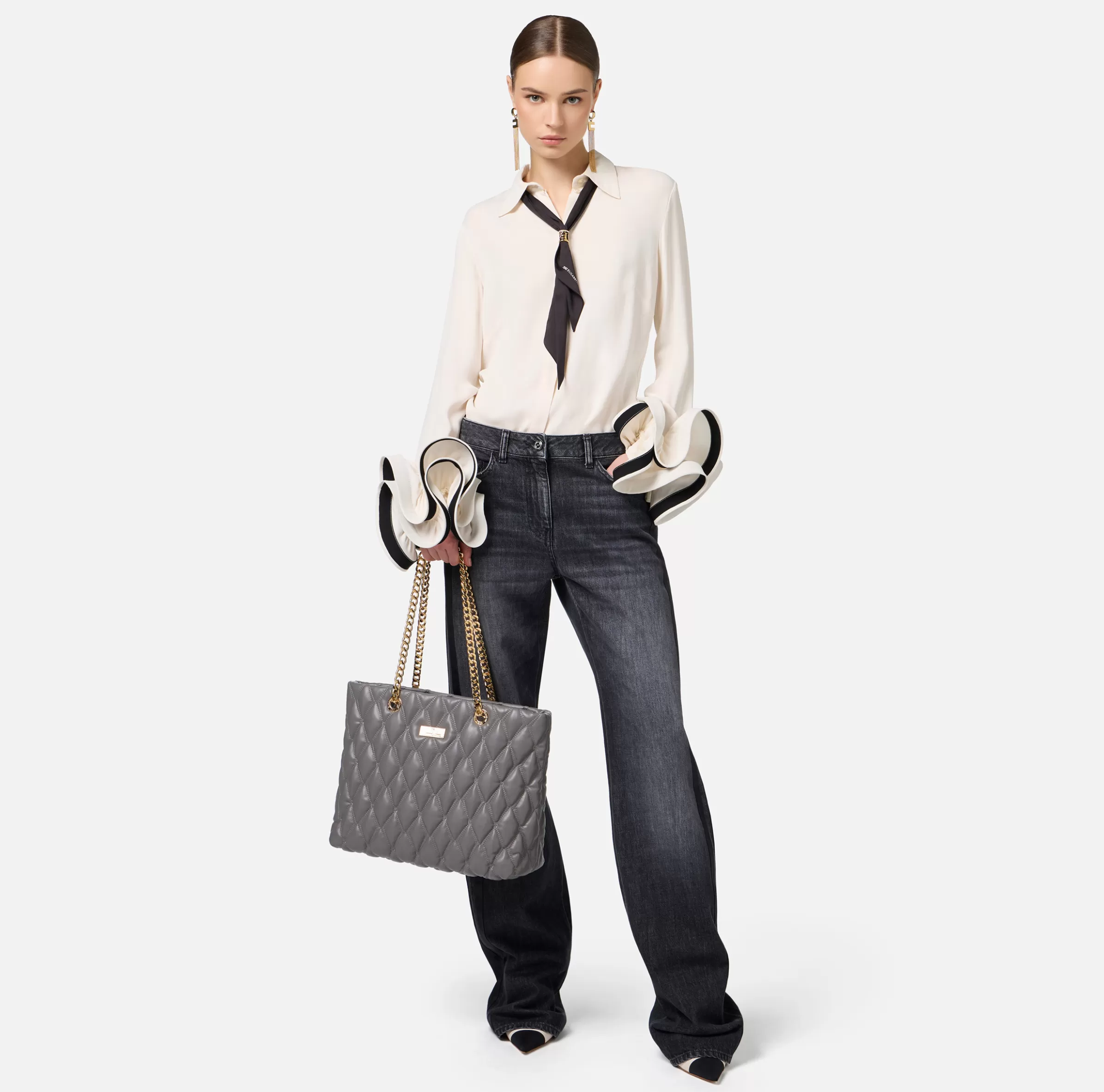 Elisabetta Franchi Jeans^Jeans a gamba larga in cotone organico con bande in raso Blackdenim