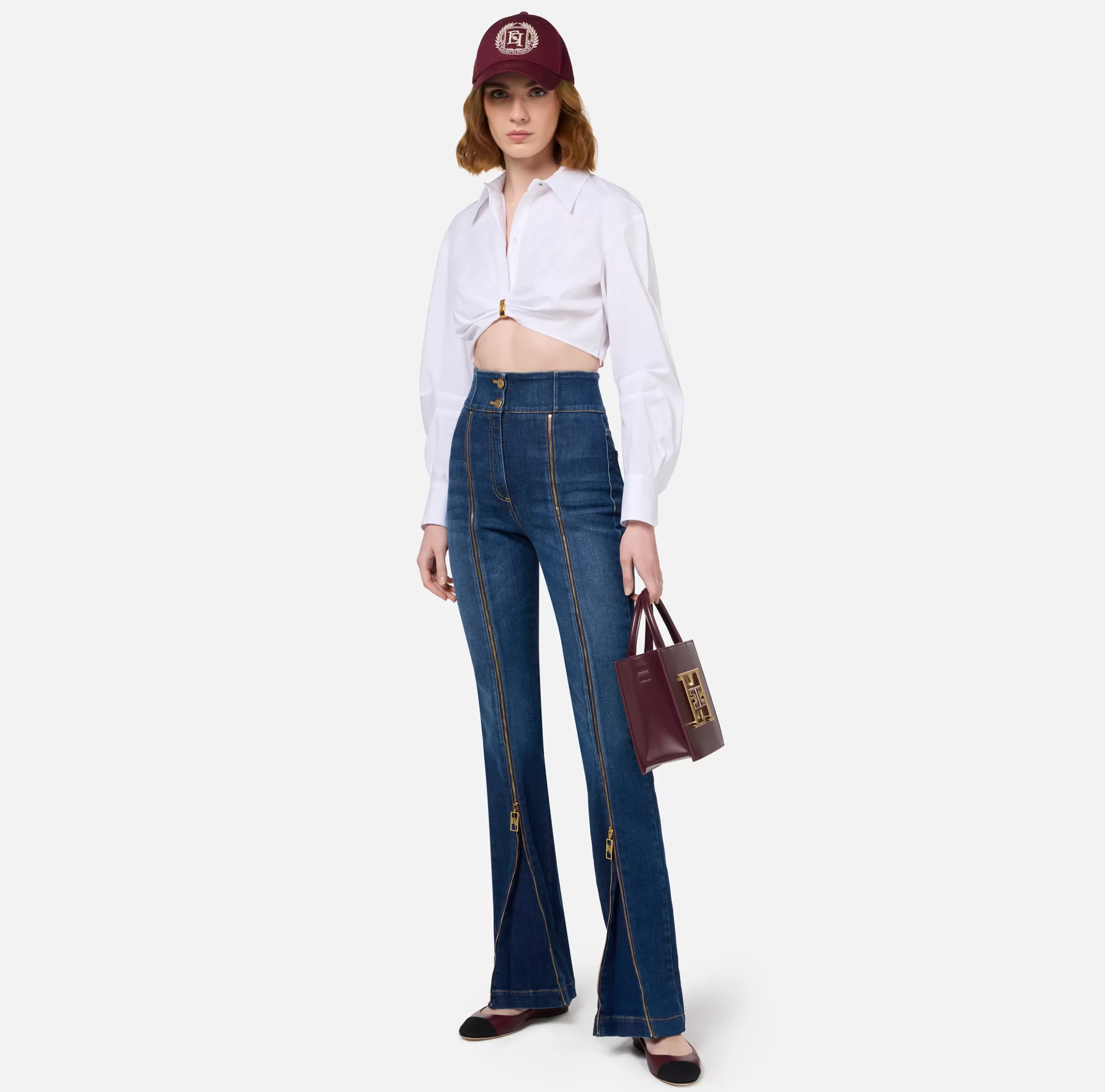 Elisabetta Franchi Jeans^Jeans a zampa in cotone con zip Bluedenim