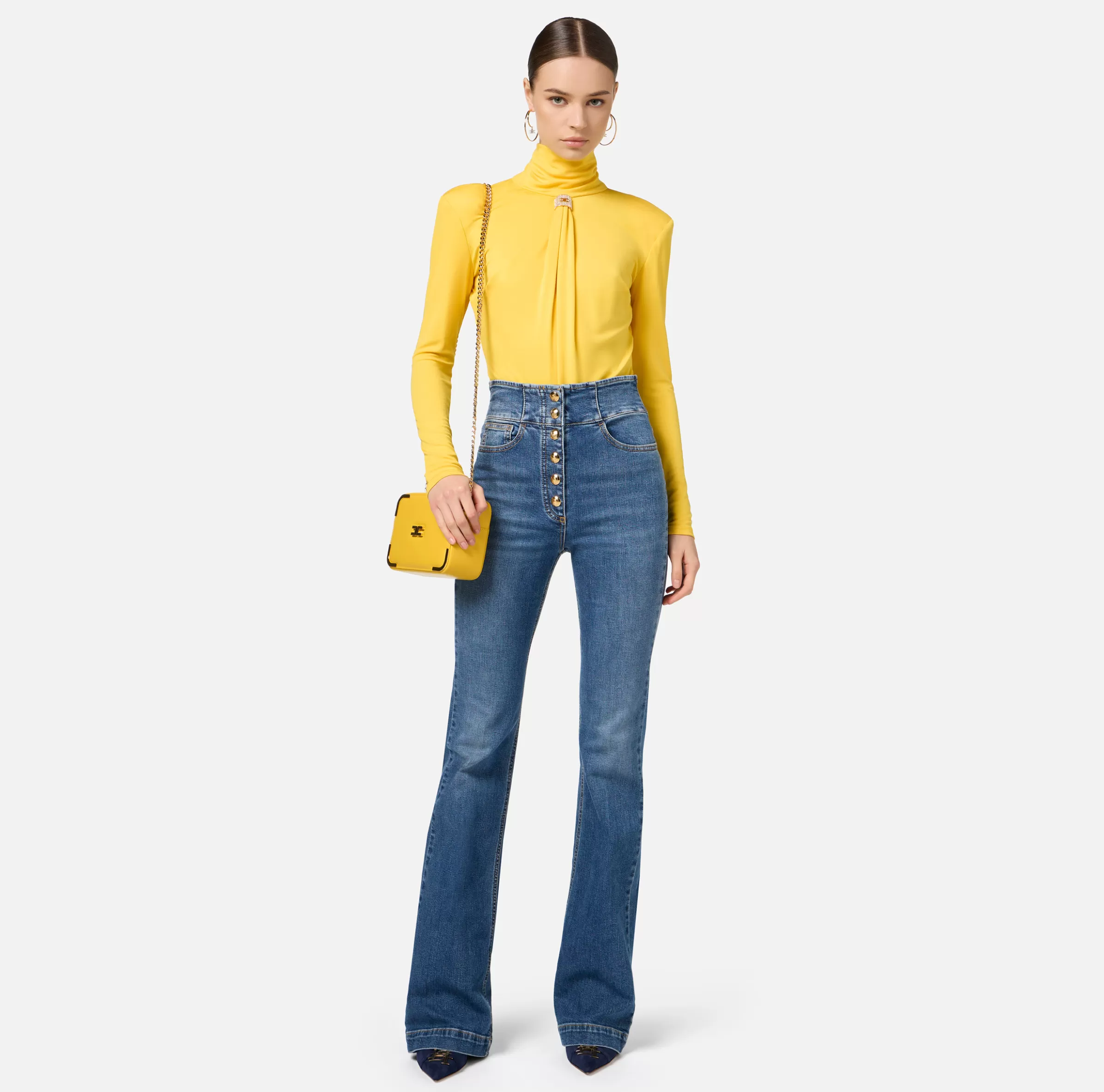 Elisabetta Franchi Jeans^Jeans a zampa in cotone stretch con bottoniera centrale Bluedenim