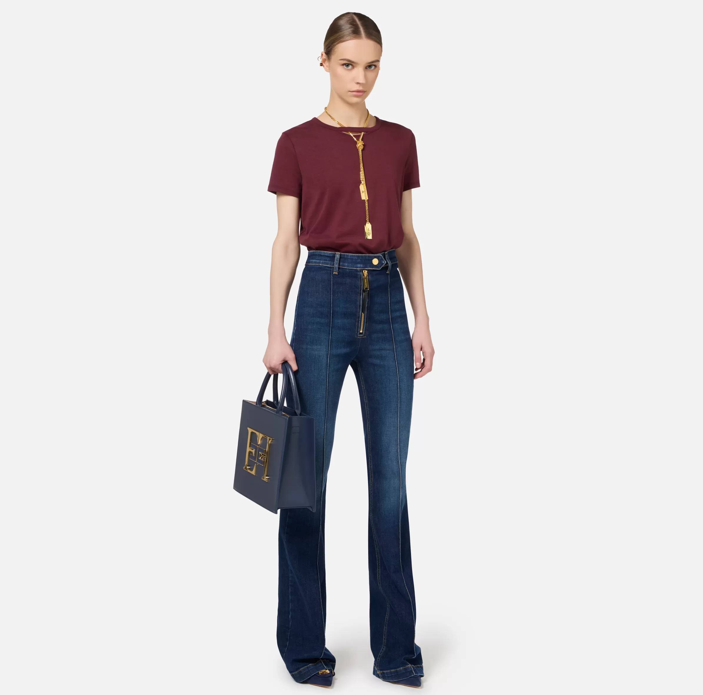 Elisabetta Franchi Jeans^Jeans a zampa in cotone stretch con nervature Bluedenim