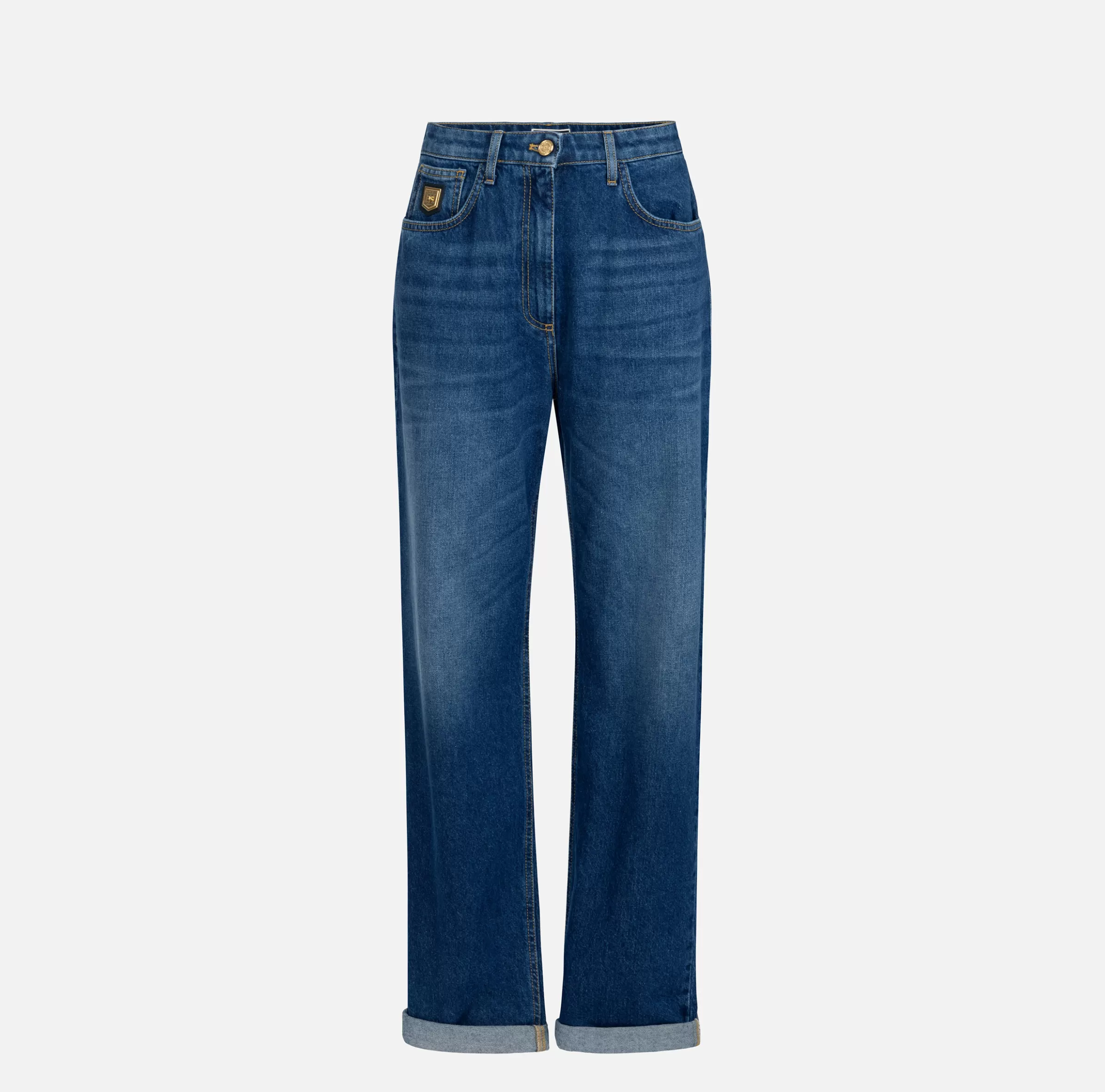 Elisabetta Franchi Jeans^Jeans boyfriend in cotone con placca oro Bluedenim