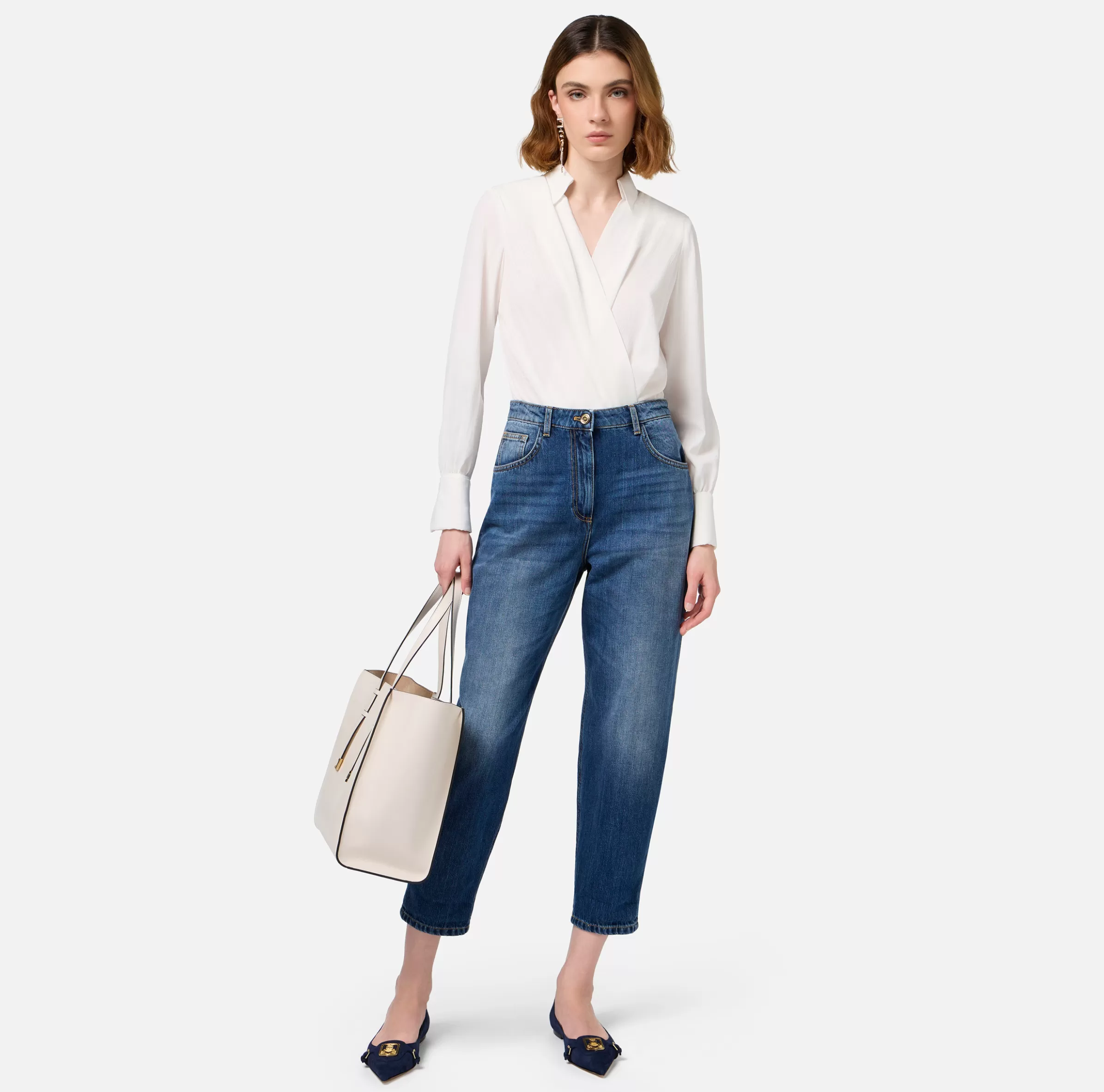 Elisabetta Franchi Jeans^Jeans boyfriend in cotone stretch con risvolto Bluedenim