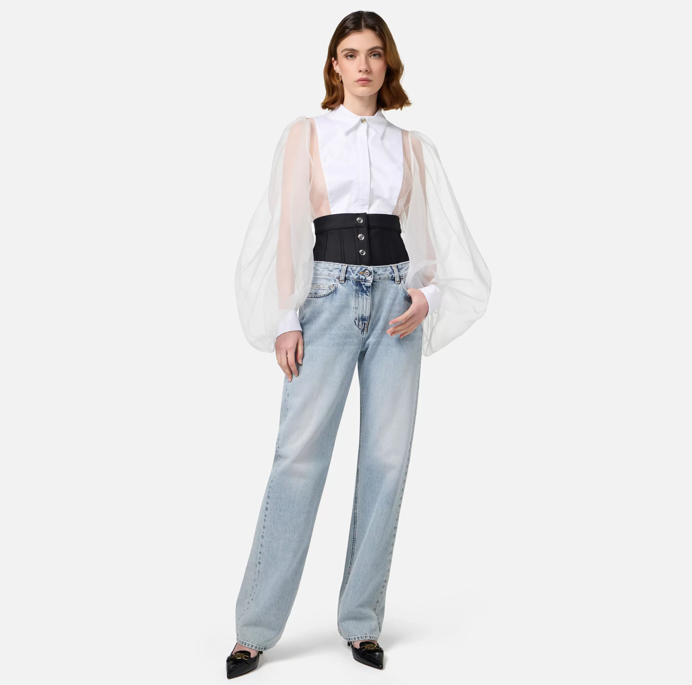 Elisabetta Franchi Jeans^Jeans dritto in cotone organico con corsetto in neoprene Lightdenim