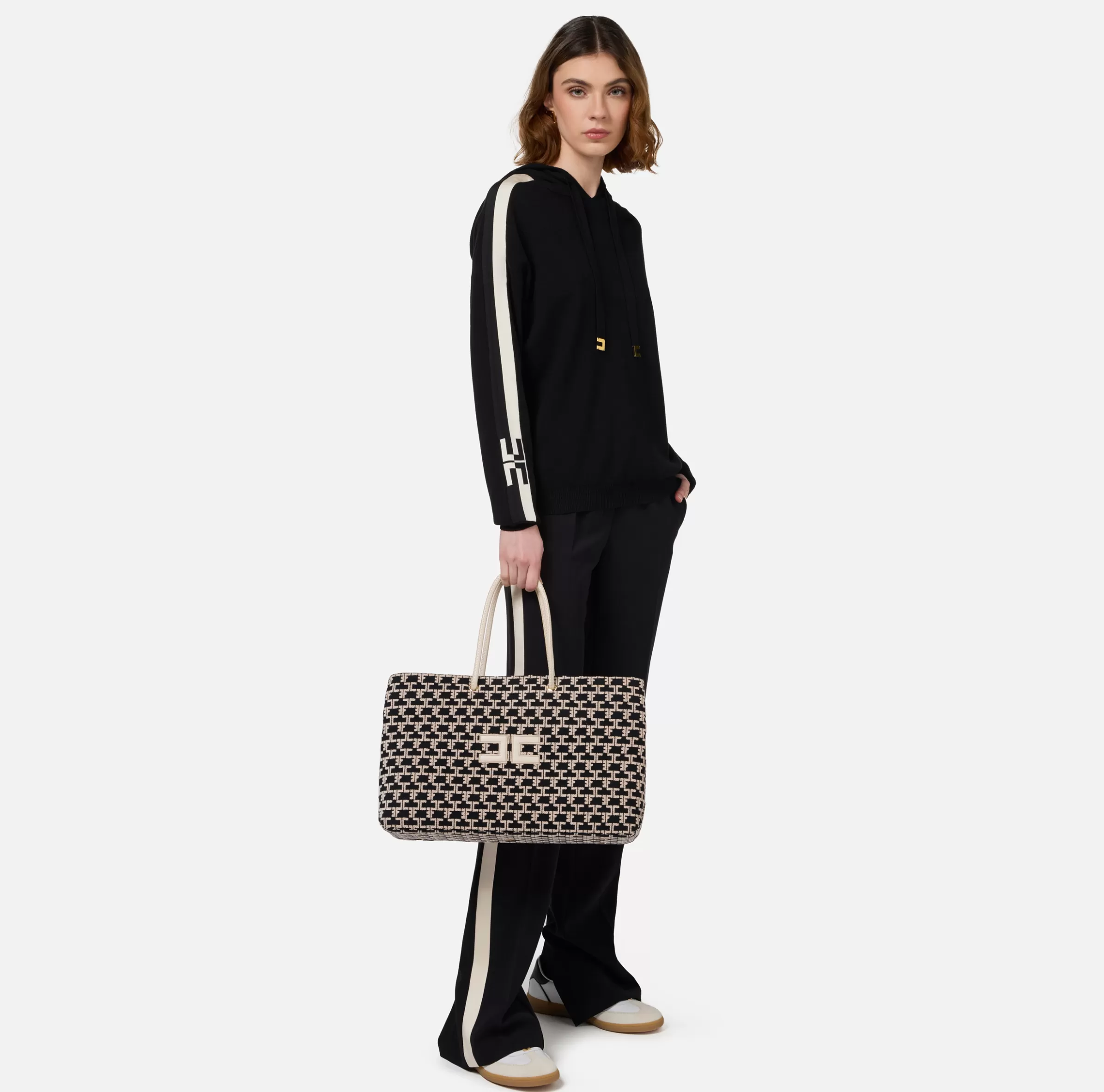 Elisabetta Franchi Borse A Spalla^Madame Monogram Shopper Con Logo Nero/Burro