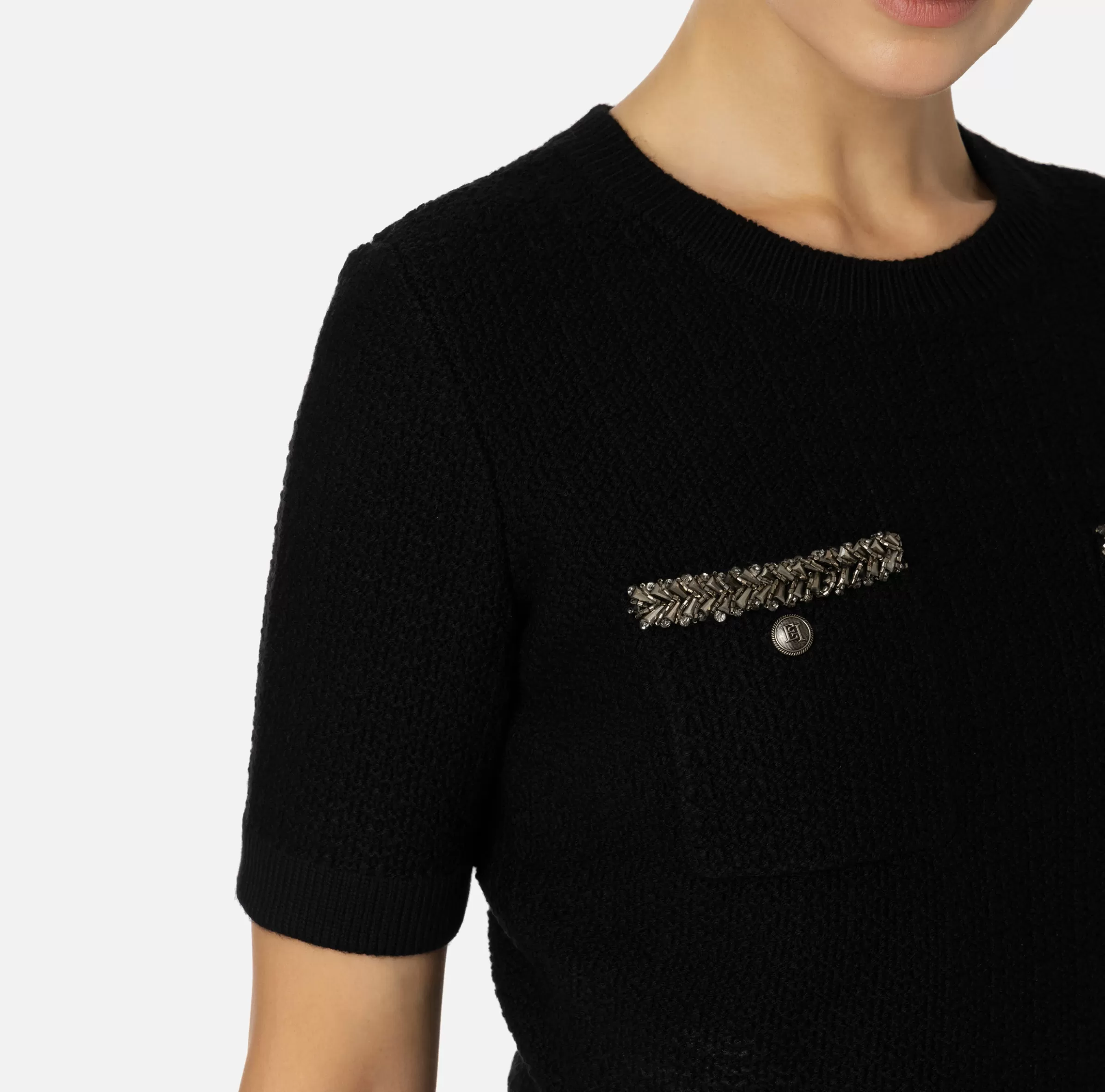 Elisabetta Franchi Maglieria E Felpe^Maglia cropped in lana bouclé con ricamo Nero