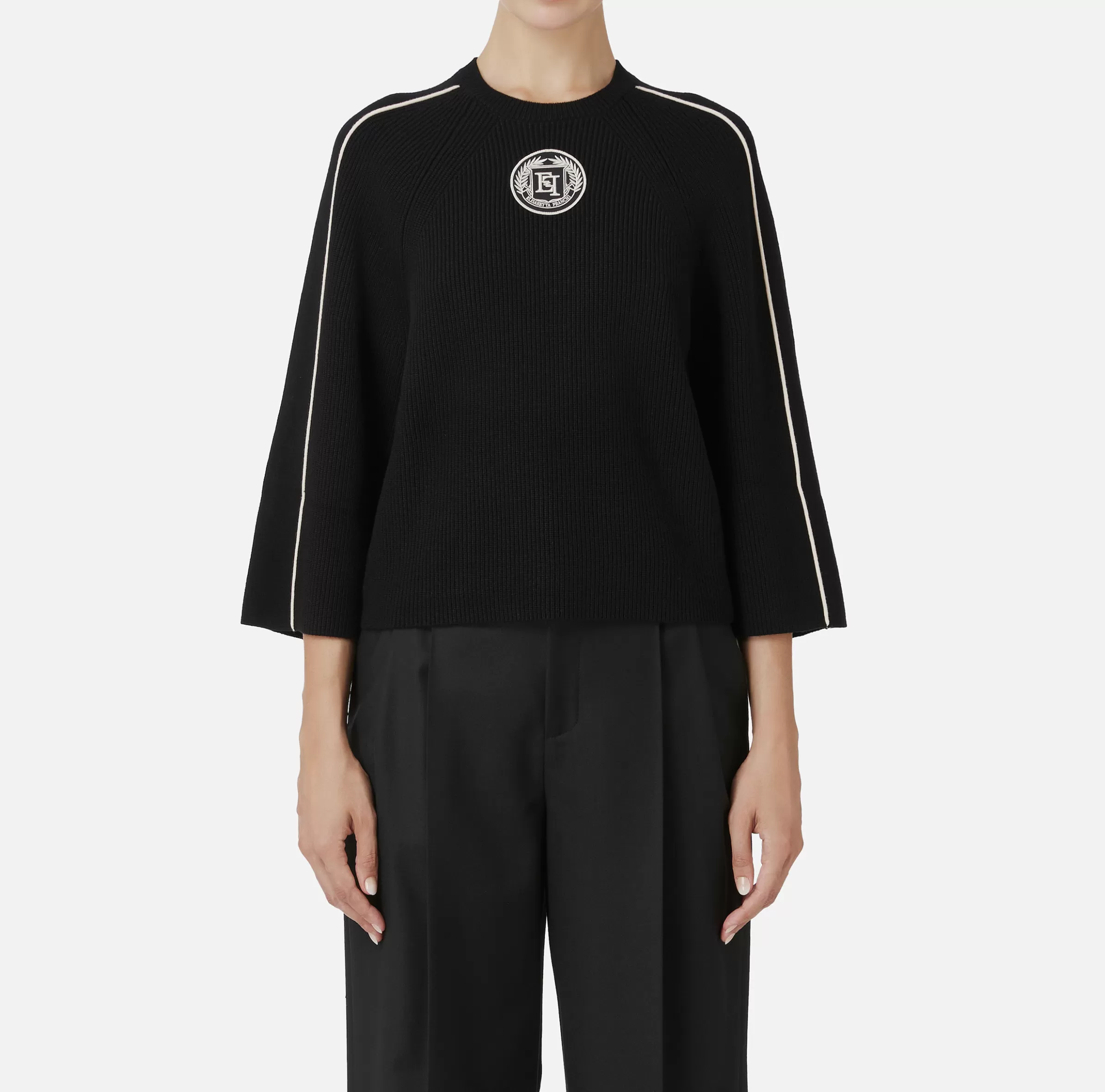 Elisabetta Franchi Maglieria E Felpe^Maglia cropped in viscosa con patch logo Nero/Burro