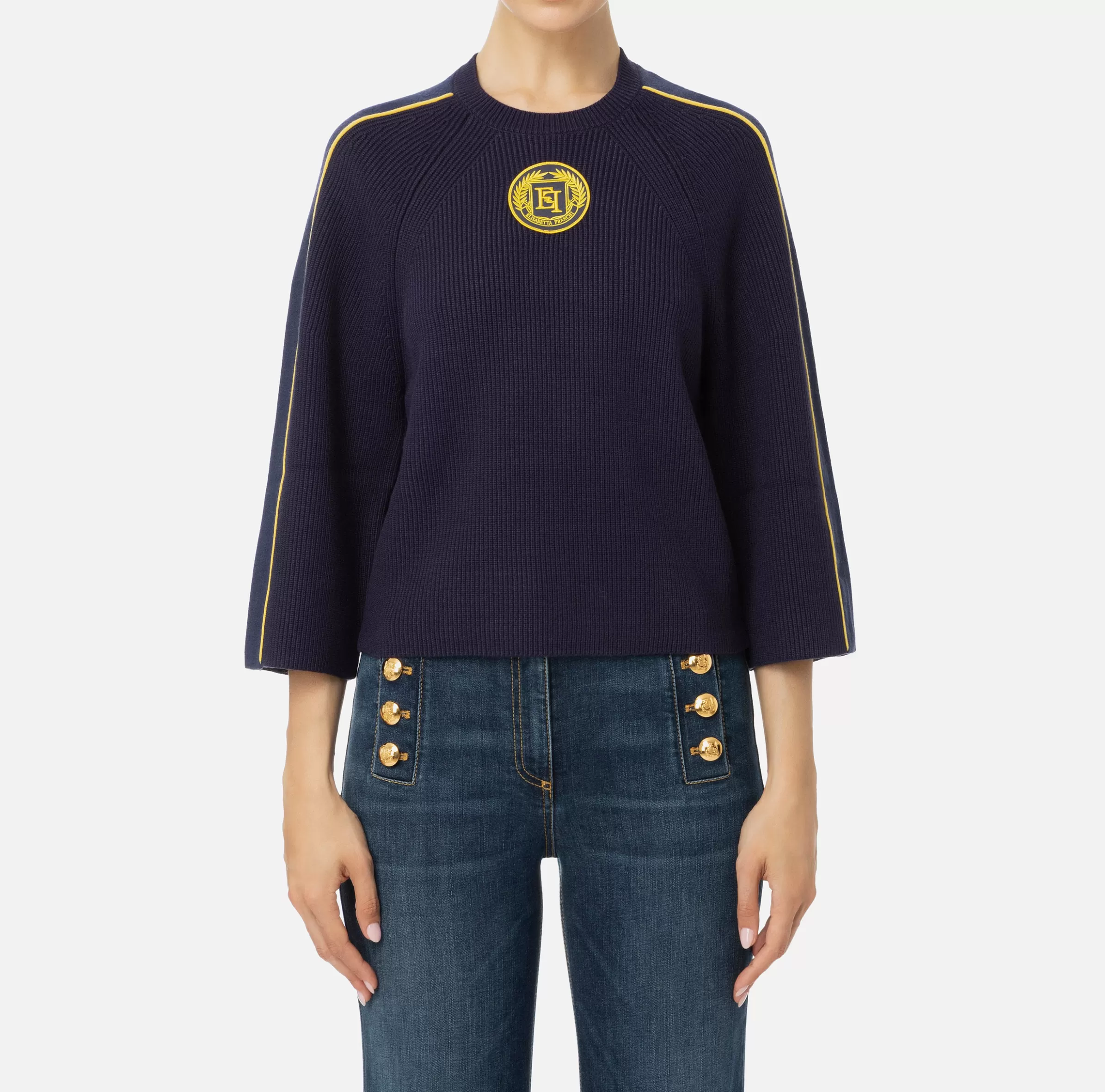 Elisabetta Franchi Maglieria E Felpe^Maglia cropped in viscosa con patch logo Navy/Mimosa