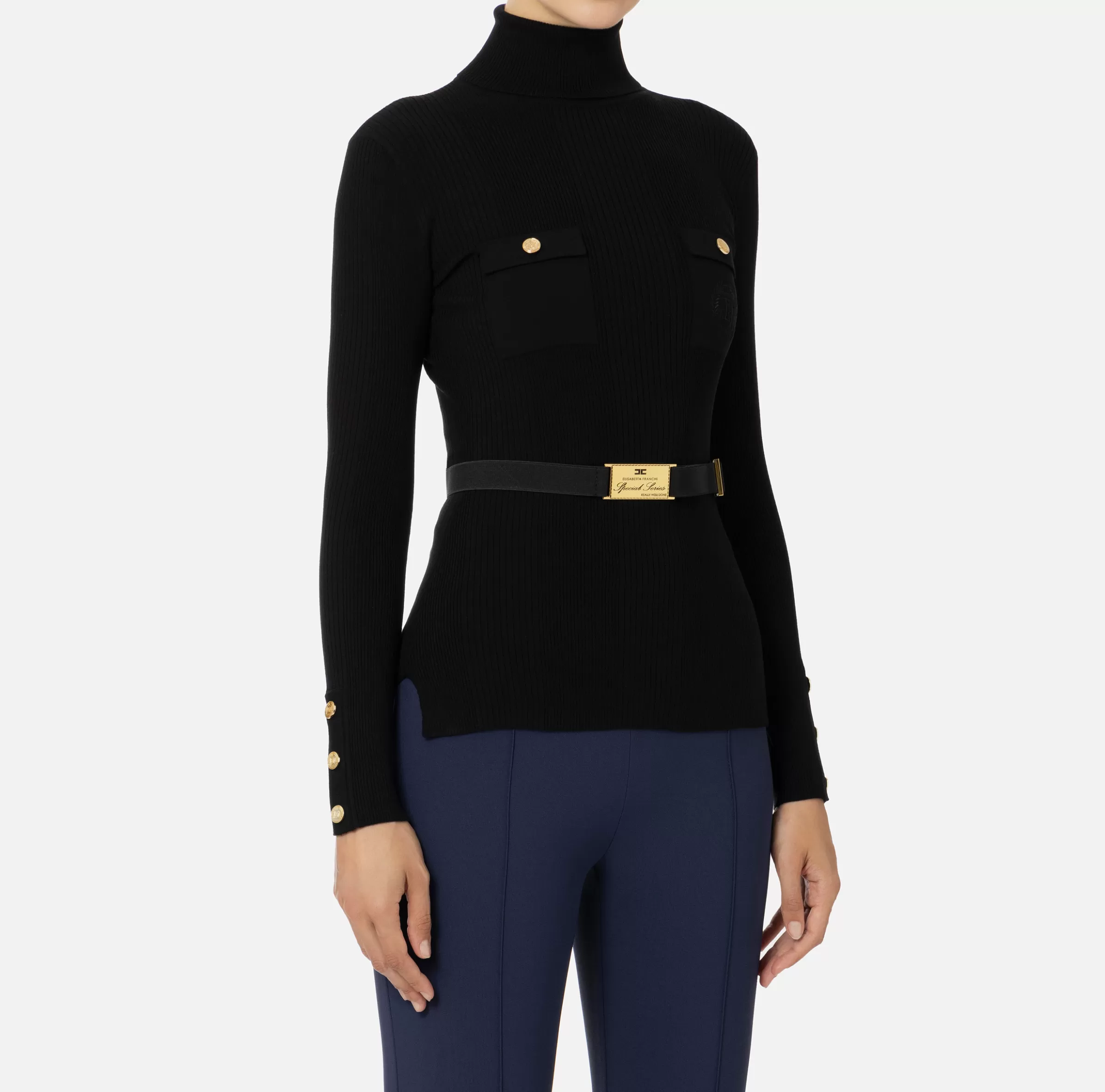 Elisabetta Franchi Maglieria E Felpe^Maglia dolcevita in lyocell e seta a costine con ricamo logo Nero