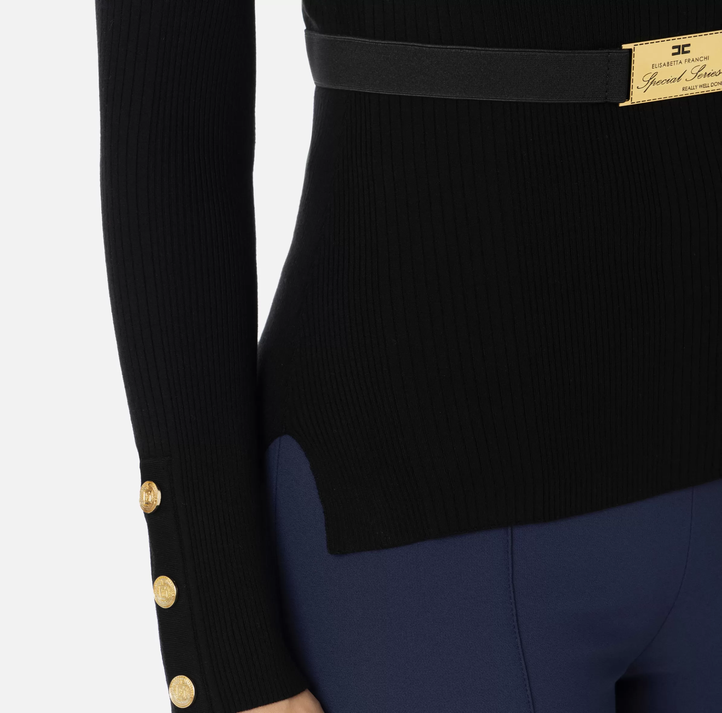 Elisabetta Franchi Maglieria E Felpe^Maglia dolcevita in lyocell e seta a costine con ricamo logo Nero