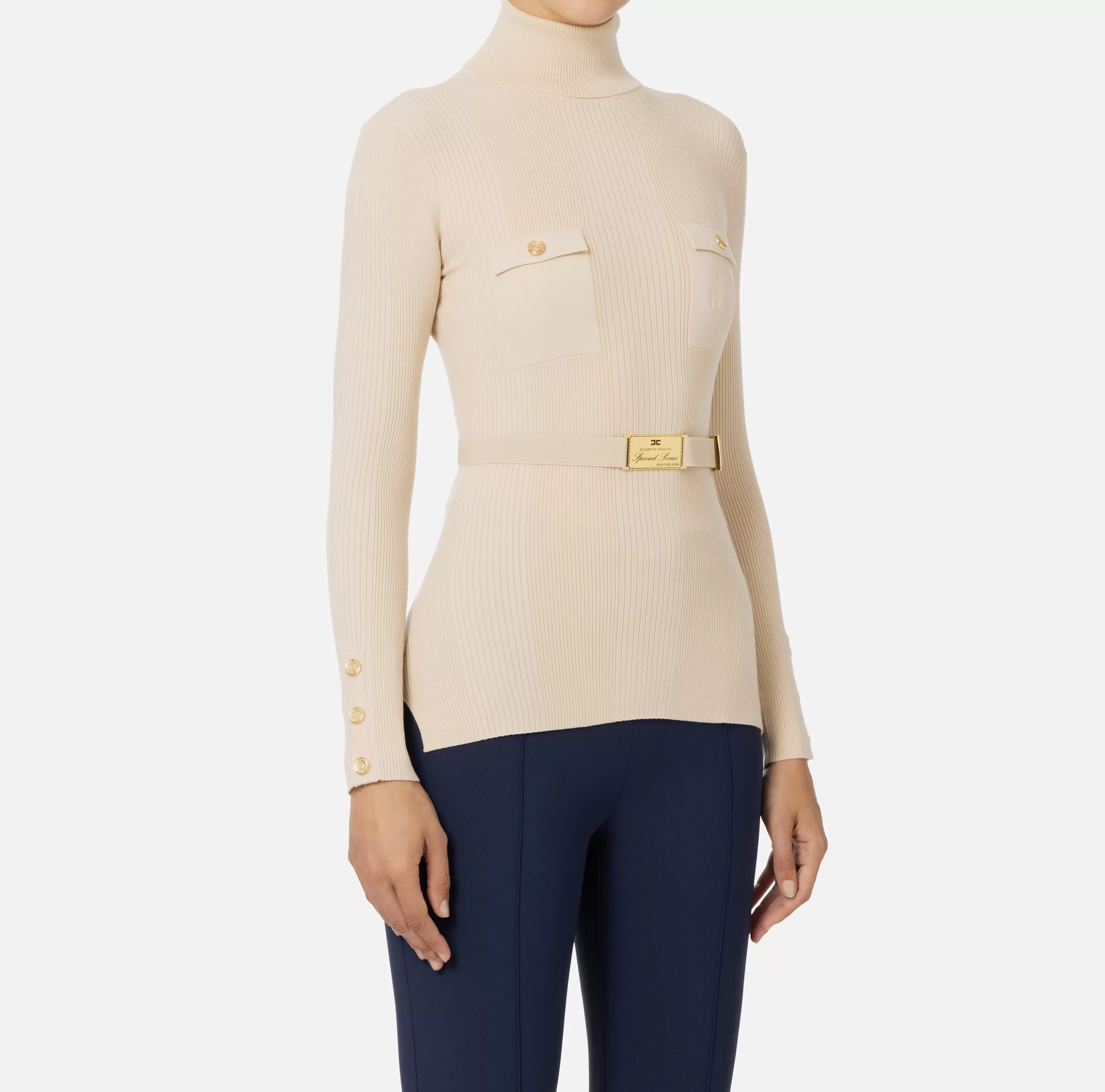 Elisabetta Franchi Maglieria E Felpe^Maglia dolcevita in lyocell e seta a costine con ricamo logo Lattice