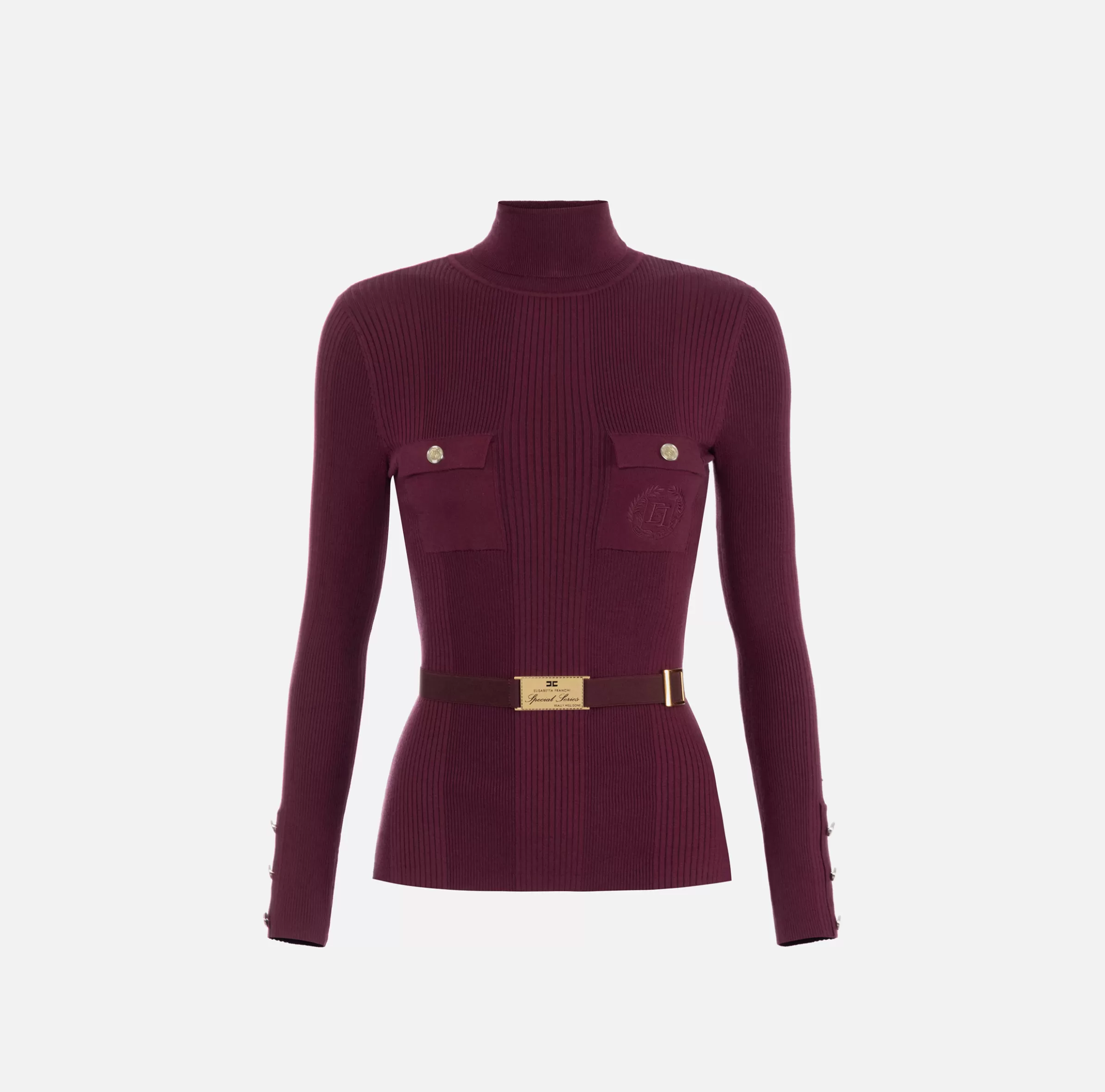 Elisabetta Franchi Maglieria E Felpe^Maglia dolcevita in lyocell e seta a costine con ricamo logo RougeNoir