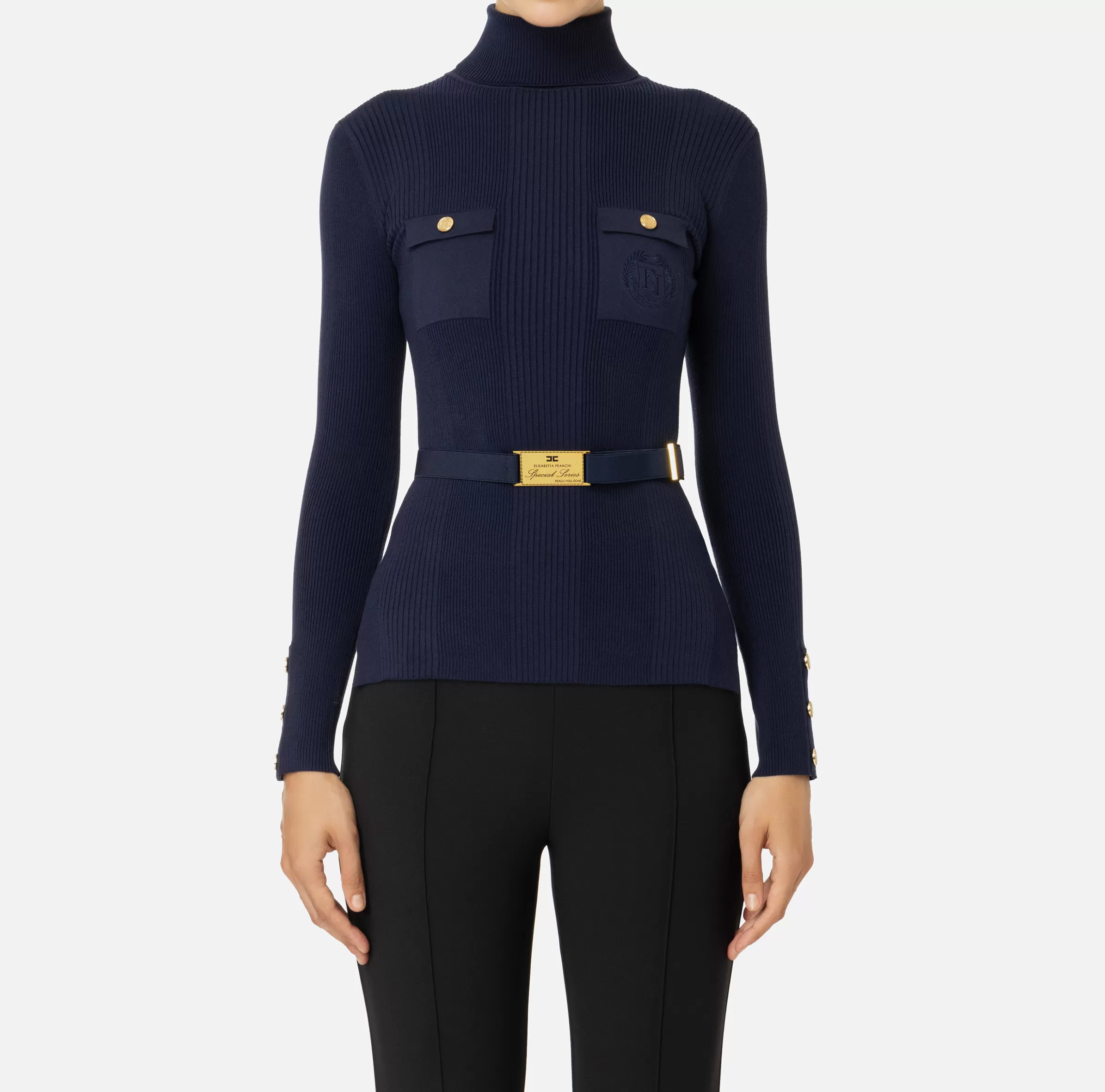 Elisabetta Franchi Maglieria E Felpe^Maglia dolcevita in lyocell e seta a costine con ricamo logo Navy