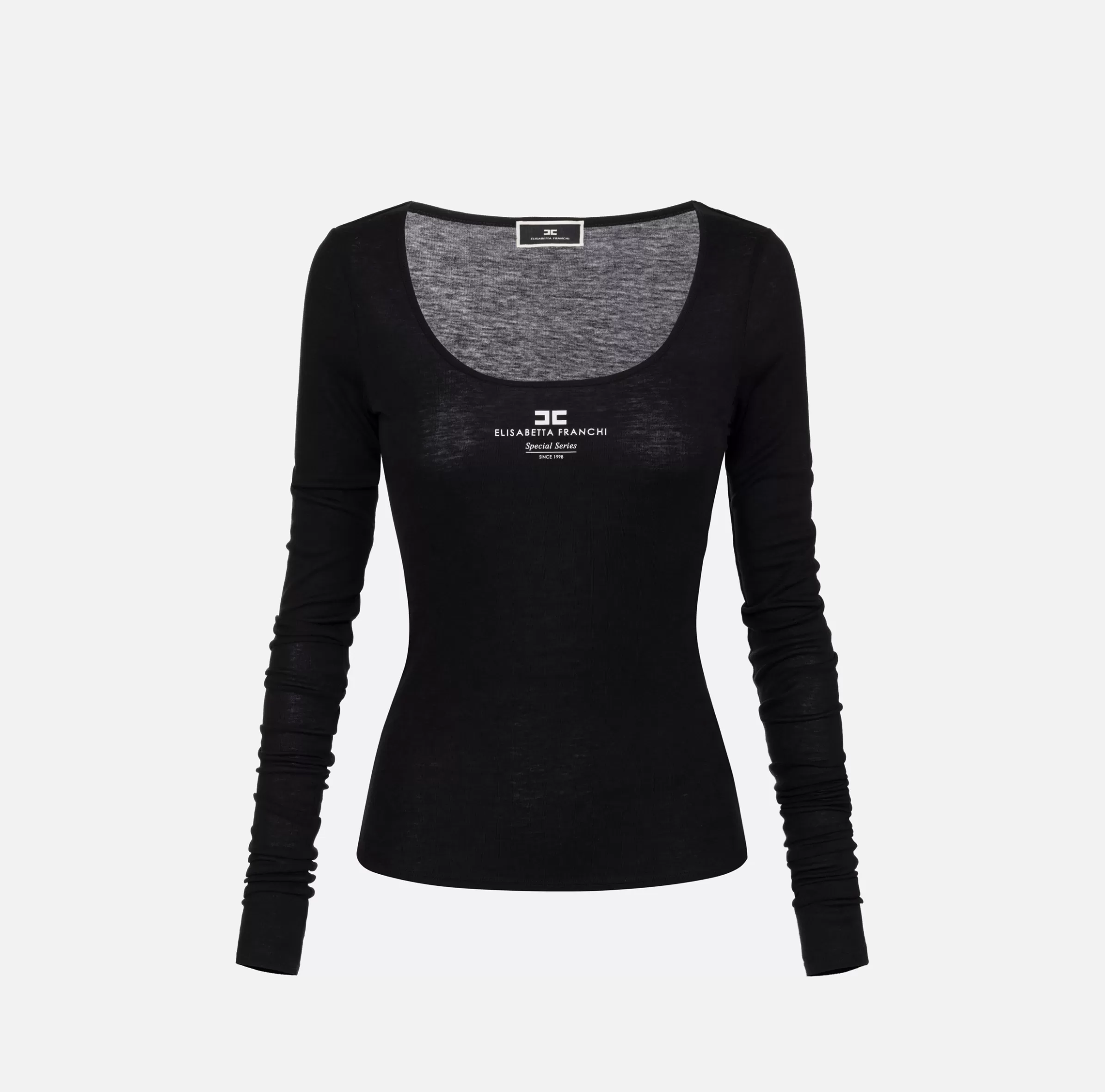 Elisabetta Franchi Top, T-Shirt & Body^Maglia in jersey e lana con logo Nero