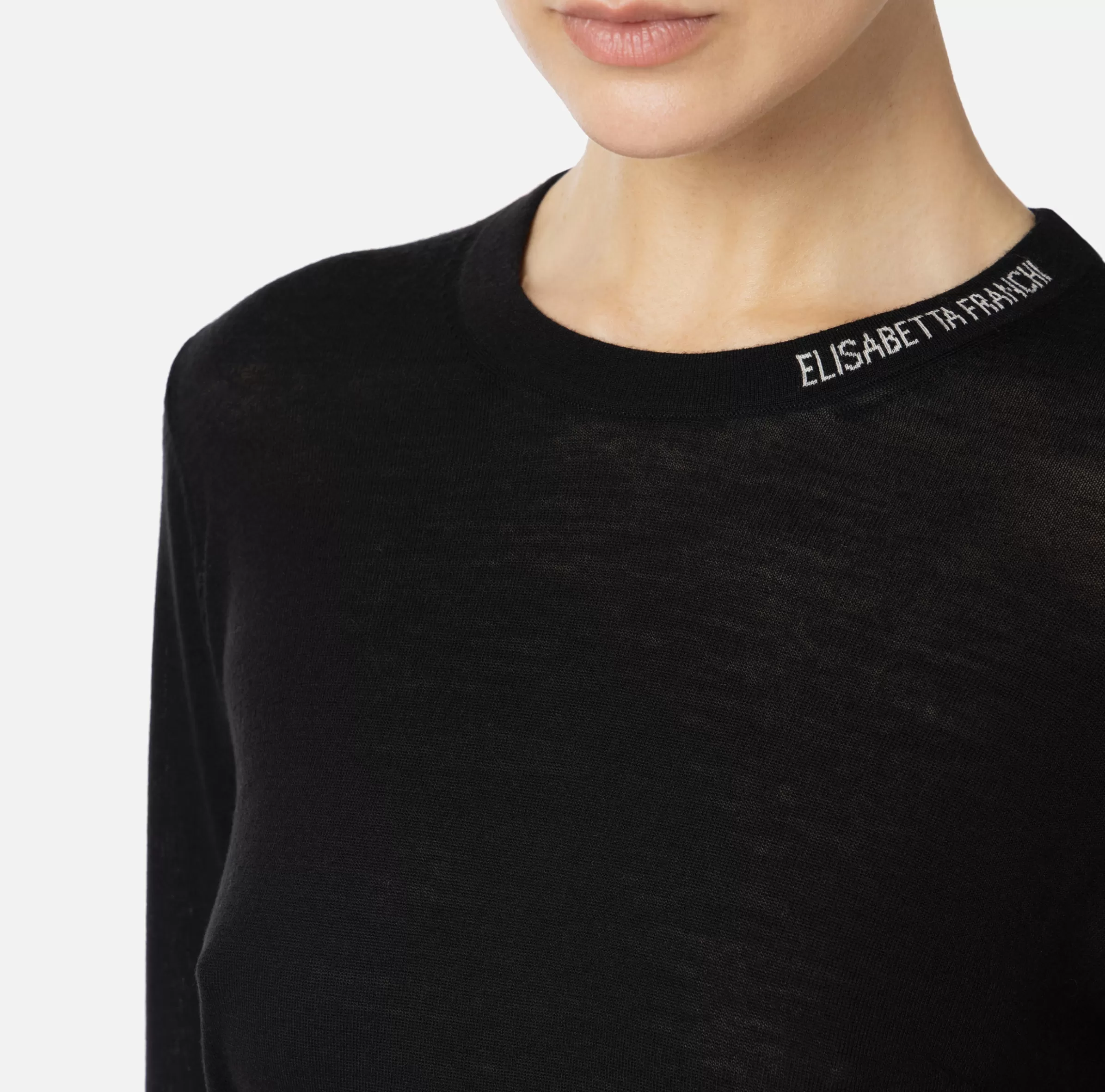 Elisabetta Franchi Maglieria E Felpe^Maglia in lana merino con logo jacquard in contrasto Nero