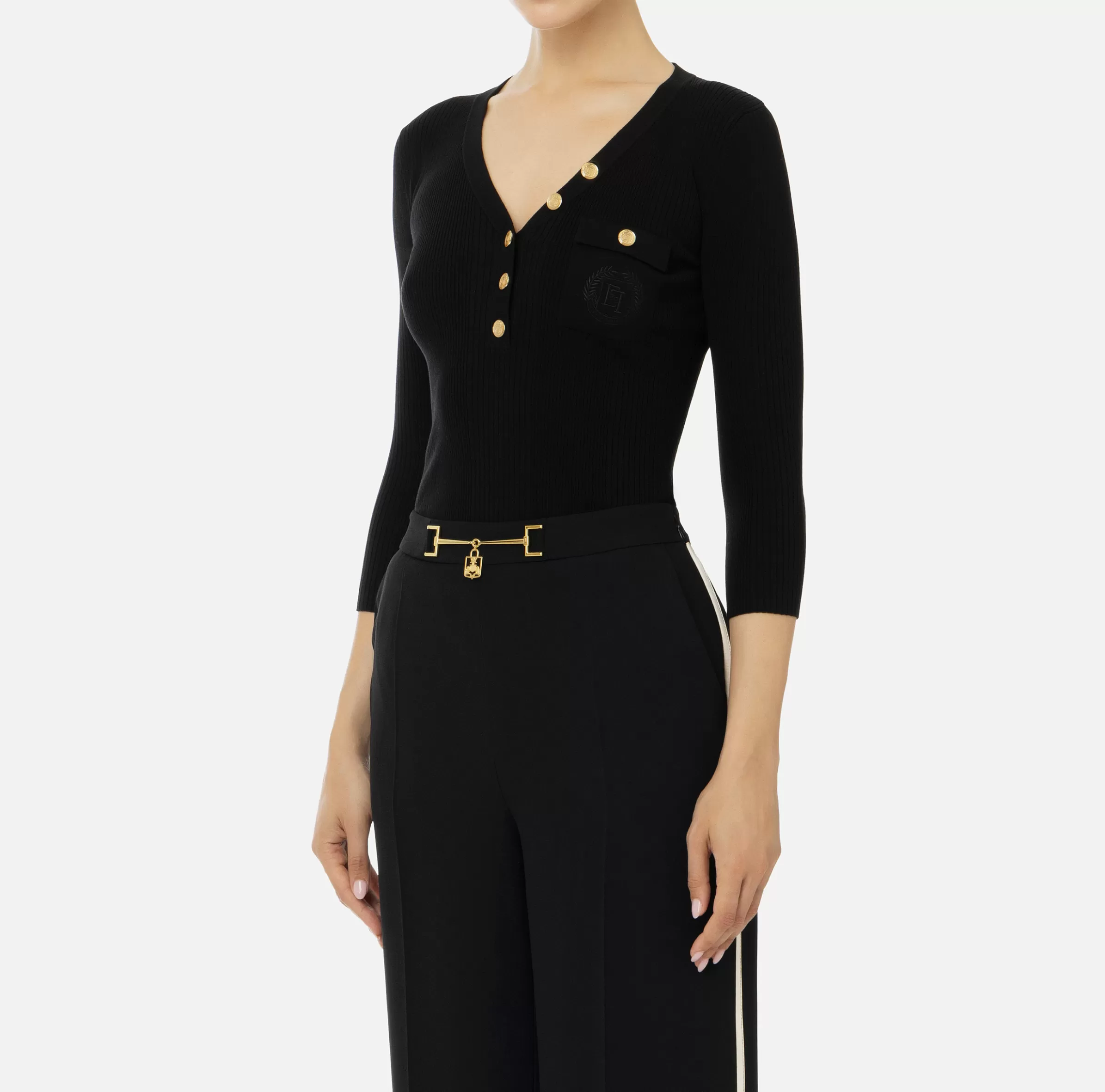 Elisabetta Franchi Maglieria E Felpe^Maglia scollo a V in lyocell e seta a costine con ricamo logo Nero