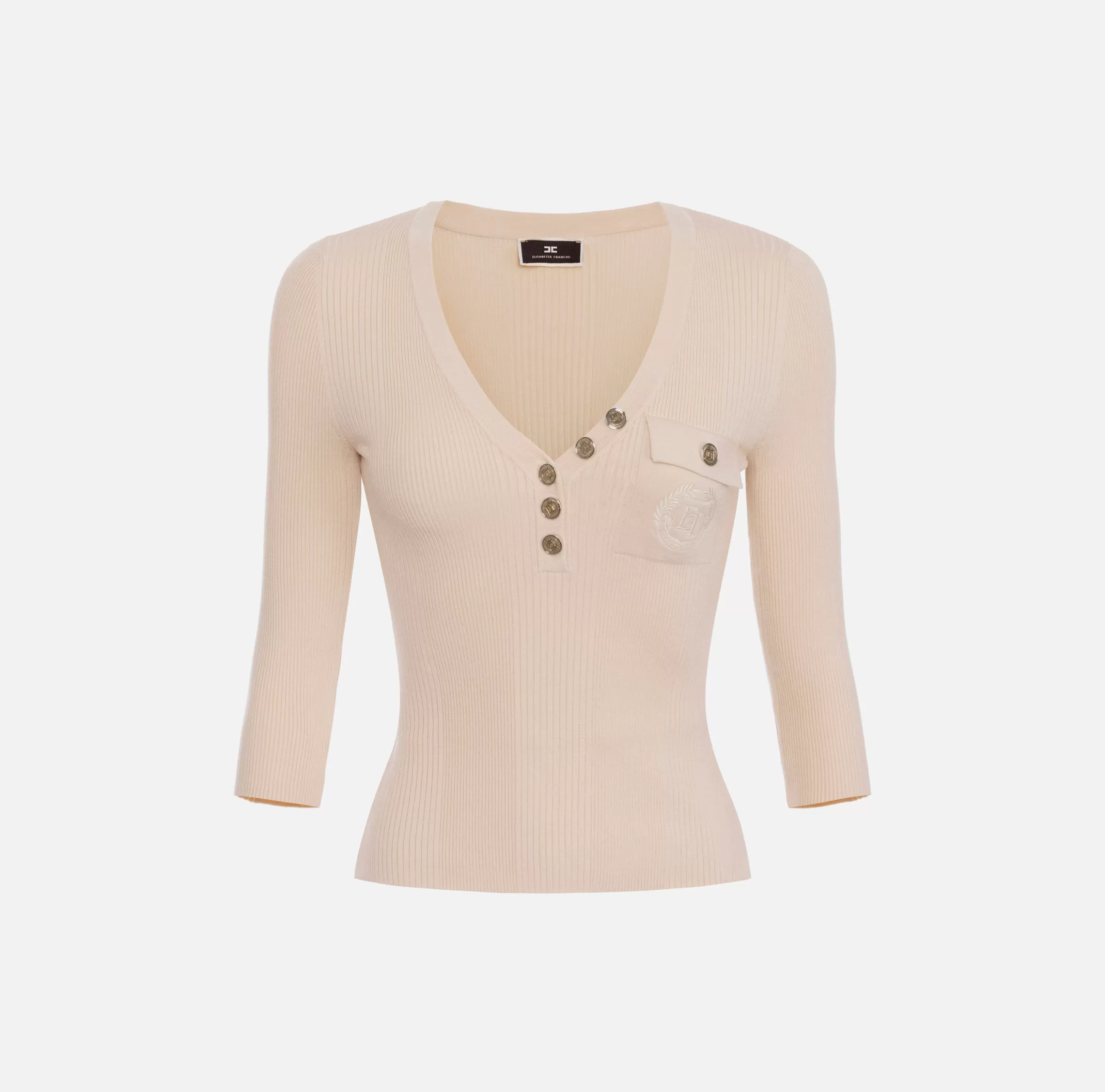Elisabetta Franchi Maglieria E Felpe^Maglia scollo a V in lyocell e seta a costine con ricamo logo Lattice