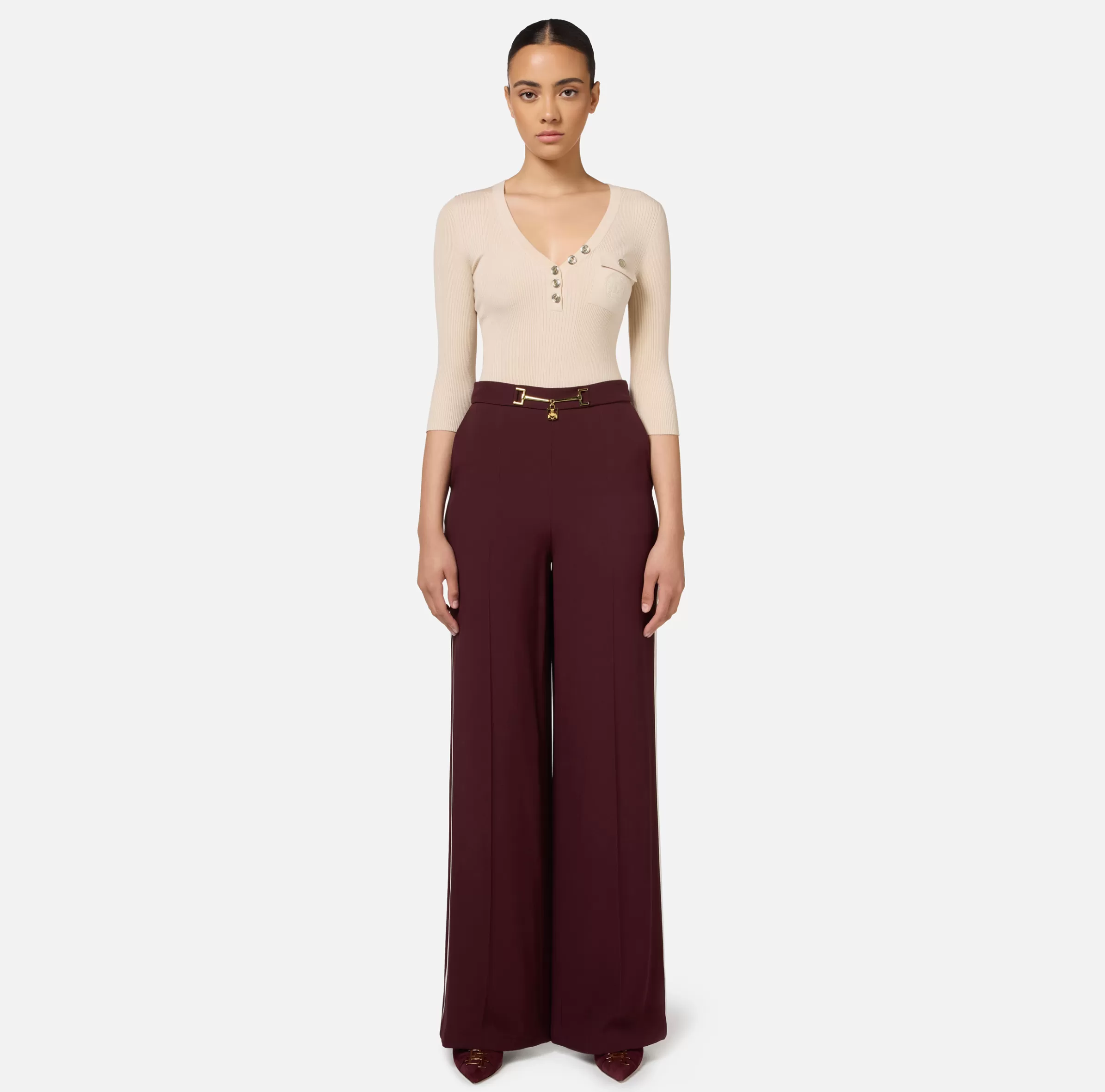 Elisabetta Franchi Maglieria E Felpe^Maglia scollo a V in lyocell e seta a costine con ricamo logo Lattice