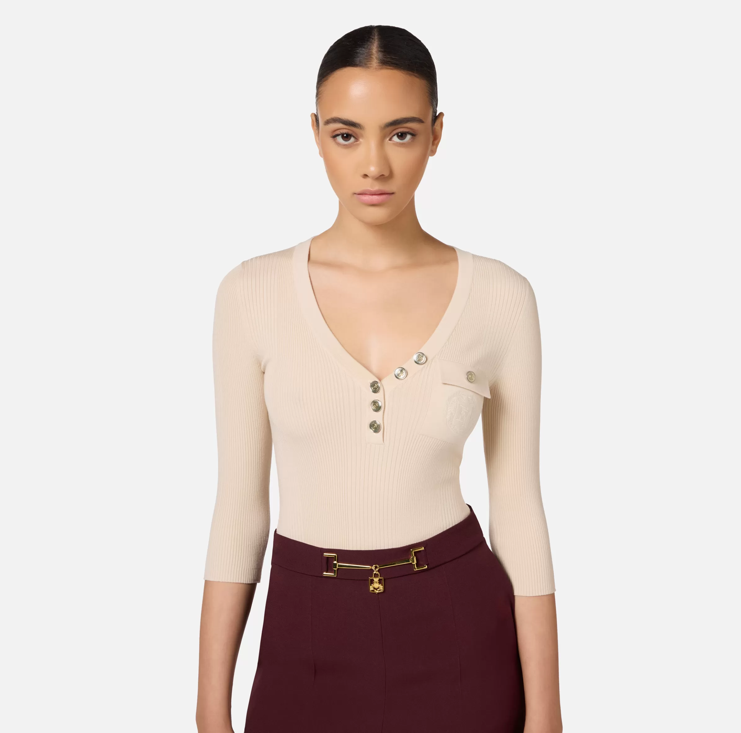 Elisabetta Franchi Maglieria E Felpe^Maglia scollo a V in lyocell e seta a costine con ricamo logo Lattice