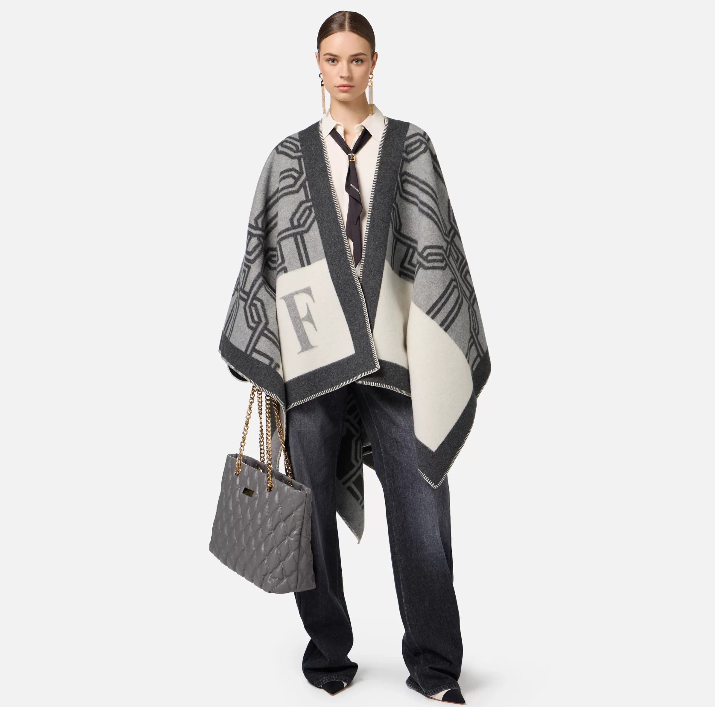 Elisabetta Franchi Capispalla^Mantella in lana jacquard con lettering Perla/Steel
