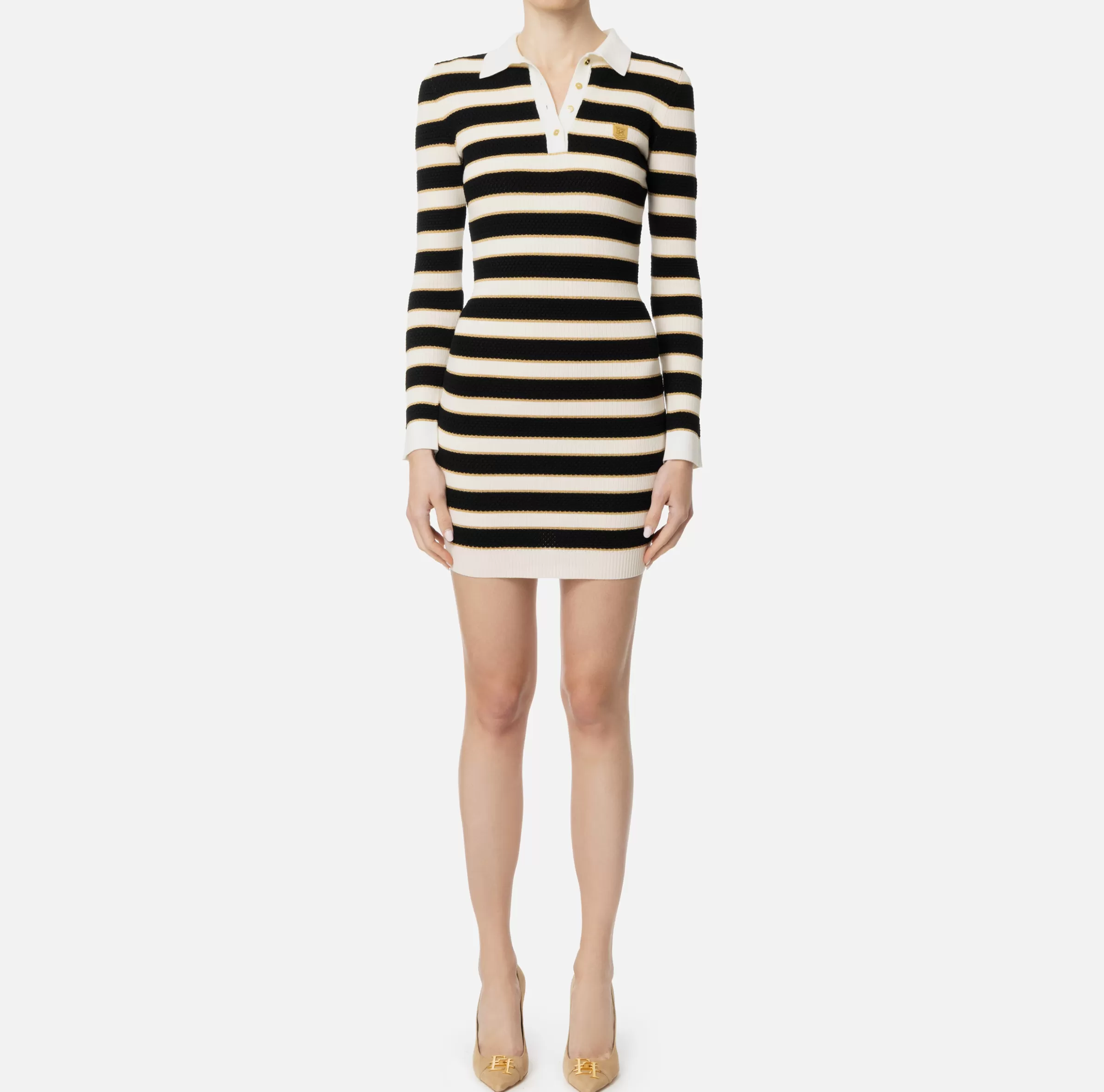 Elisabetta Franchi Mini Abiti | Abiti In Maglia^Miniabito a polo in viscosa lurex a righe Burro/Nero