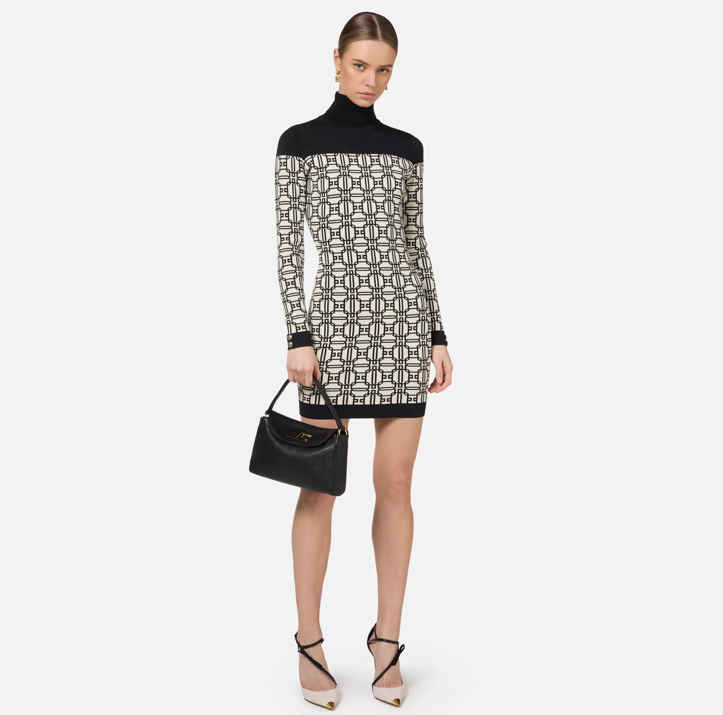Elisabetta Franchi Mini Abiti | Abiti In Maglia^Miniabito dolcevita logo jacquard Burro/Nero