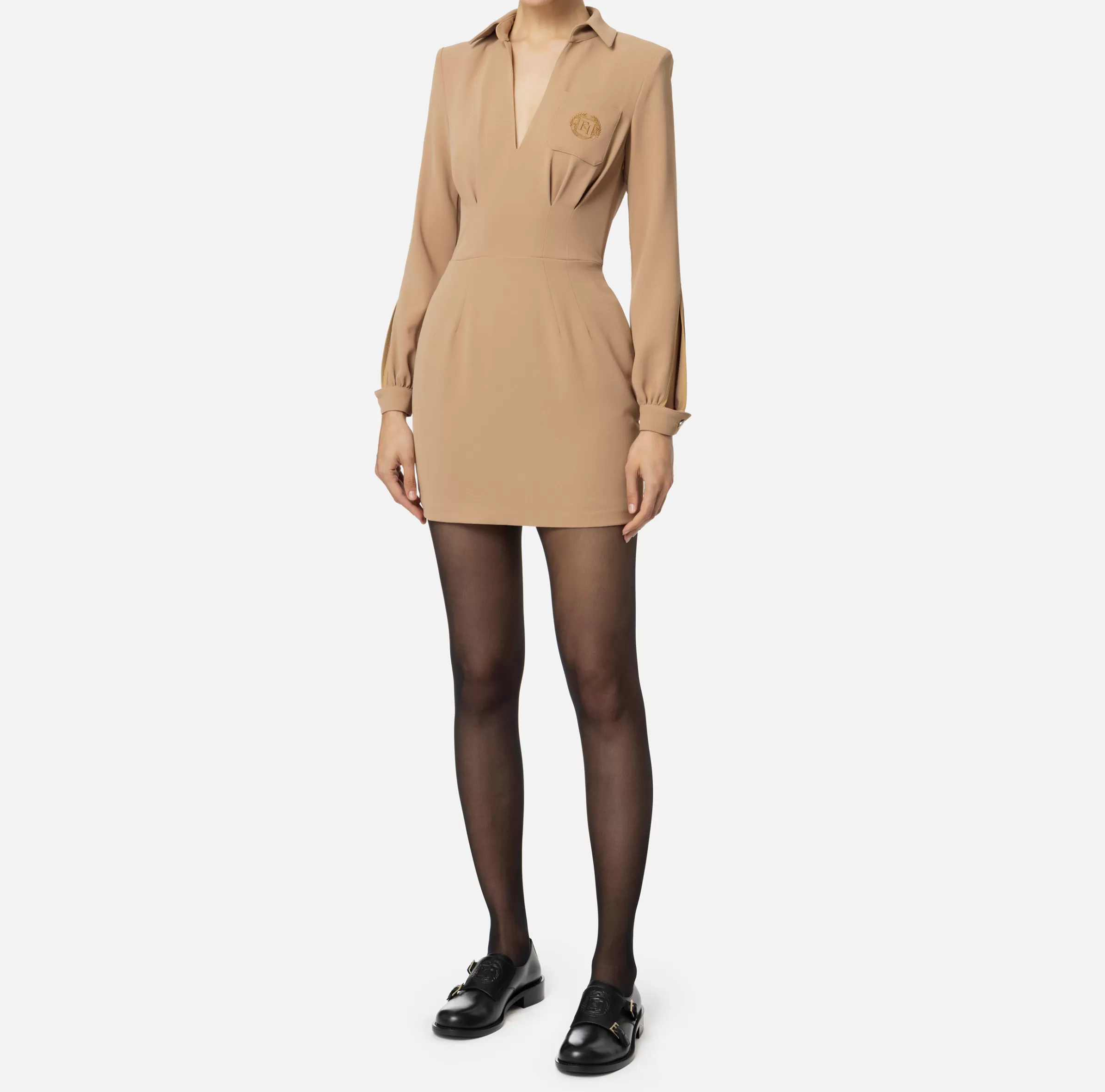 Elisabetta Franchi Mini Abiti | Abiti^Miniabito in crêpe con camicia e ricamo stemma Camel