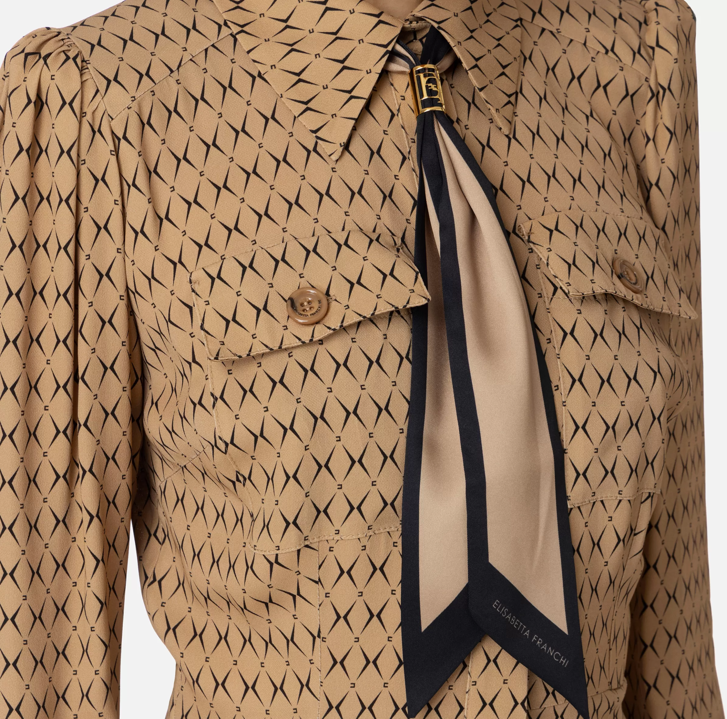 Elisabetta Franchi Mini Abiti | Abiti^Miniabito in georgette stampa rombo con foulard Camel/Nero