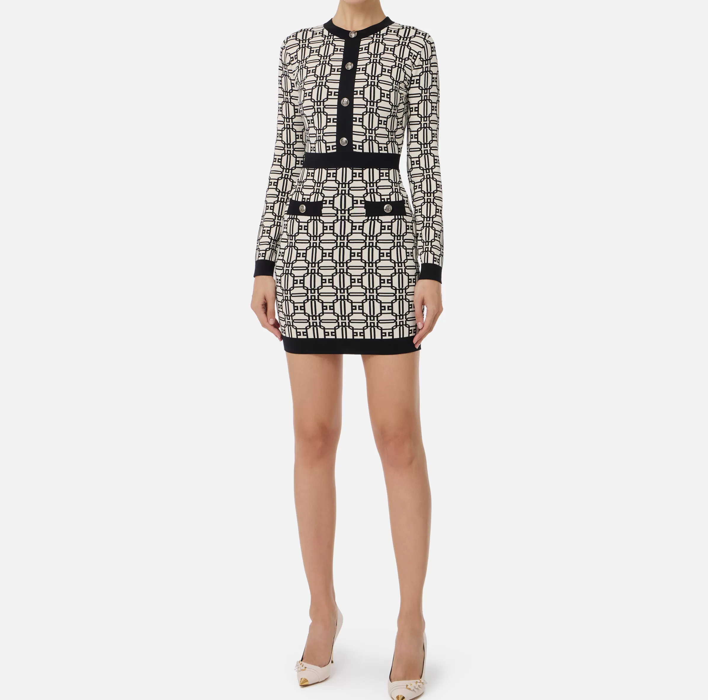 Elisabetta Franchi Mini Abiti | Abiti In Maglia^Miniabito logo jacquard Burro/Nero