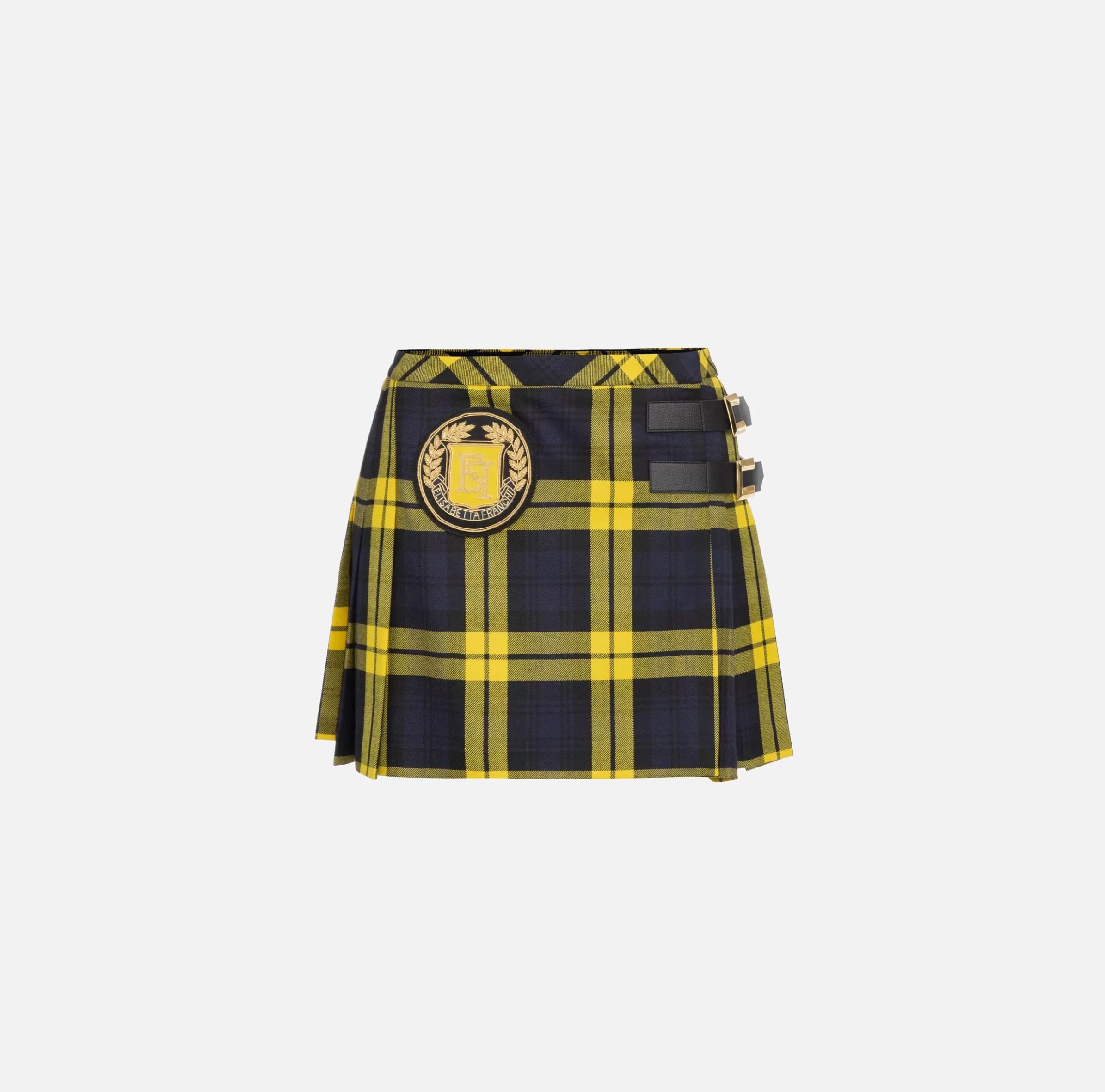 Elisabetta Franchi Gonne^Minigonna a pieghe in lana tartan con patch ricamato Navy/Mimosa