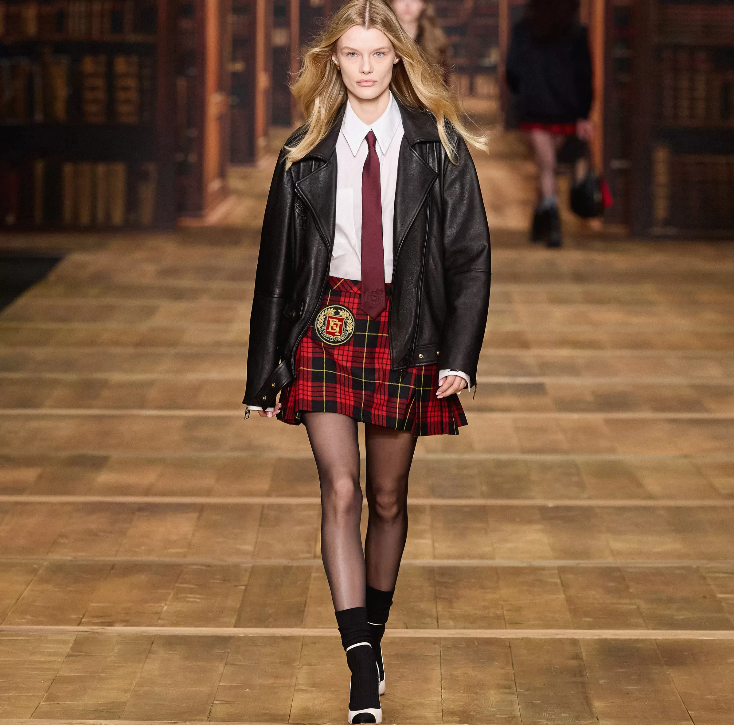 Elisabetta Franchi Gonne^Minigonna a pieghe in lana tartan con patch ricamato Navy/Mimosa