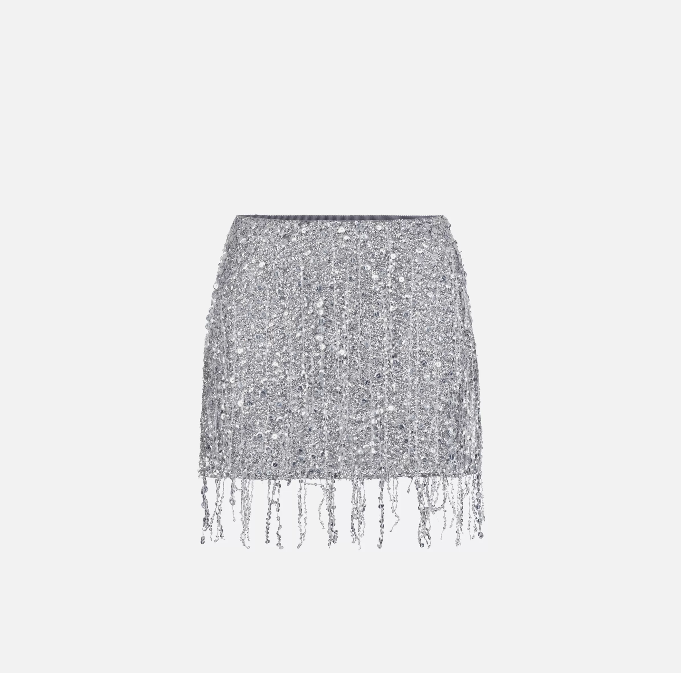 Elisabetta Franchi Gonne^Minigonna in tulle ricamata con frange di paillettes Silver