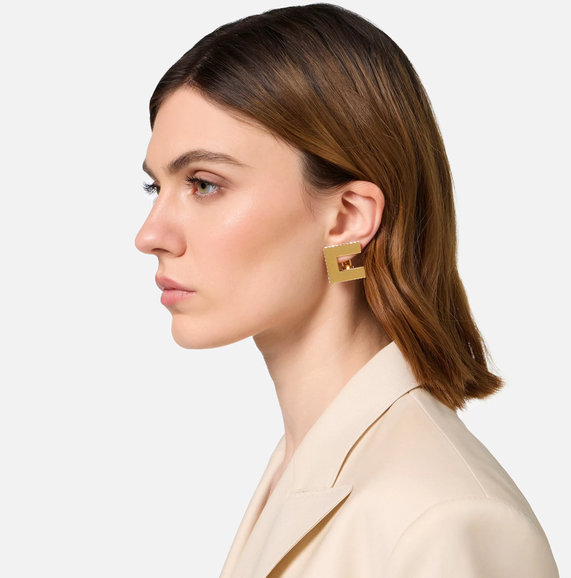 Elisabetta Franchi Bijoux^Orecchini logo spessorato in metallo dorato e strass OroGiallo