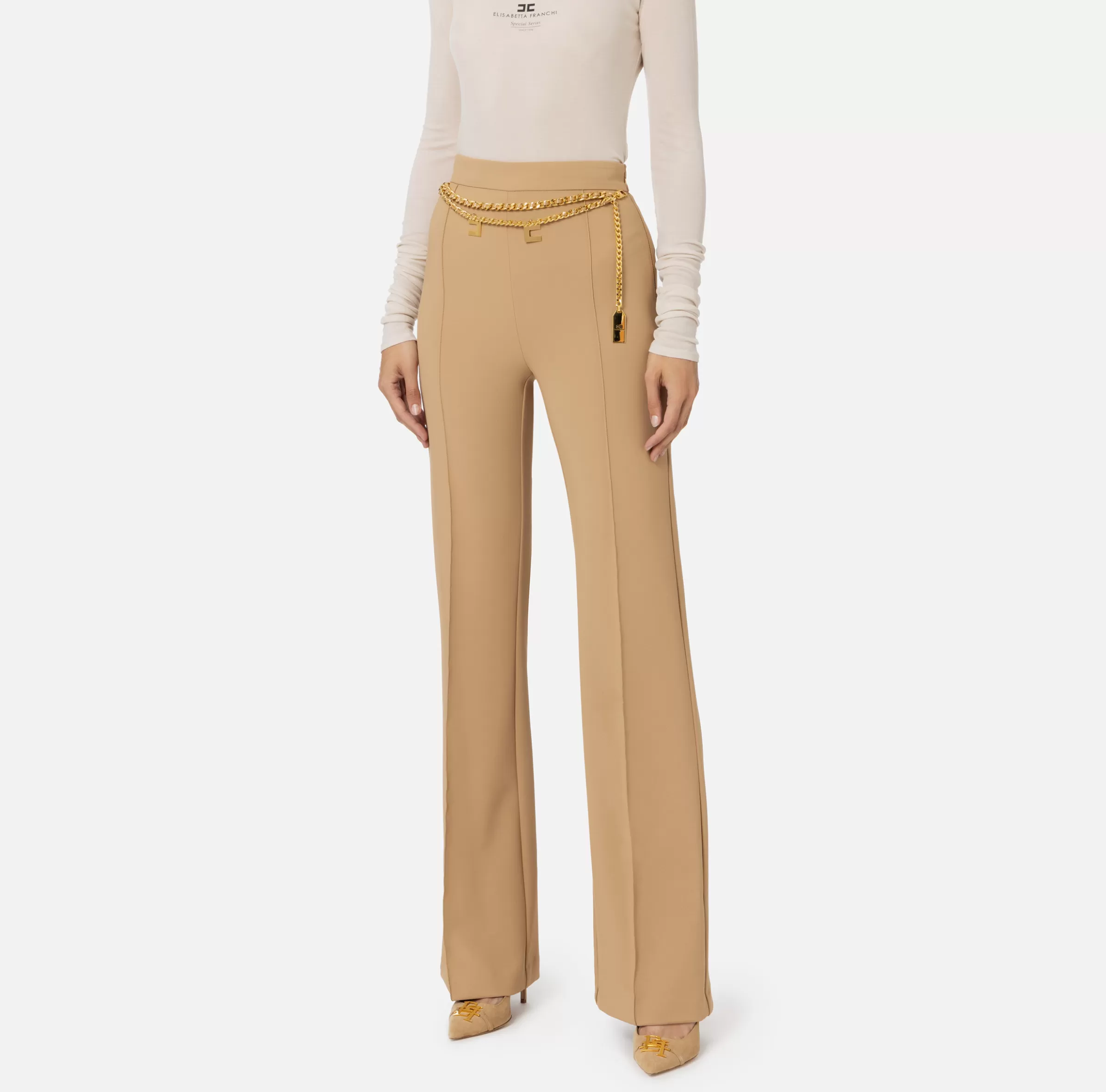 Elisabetta Franchi Pantaloni E Shorts^Pantalone a palazzo in crêpe stretch con cintura Camel