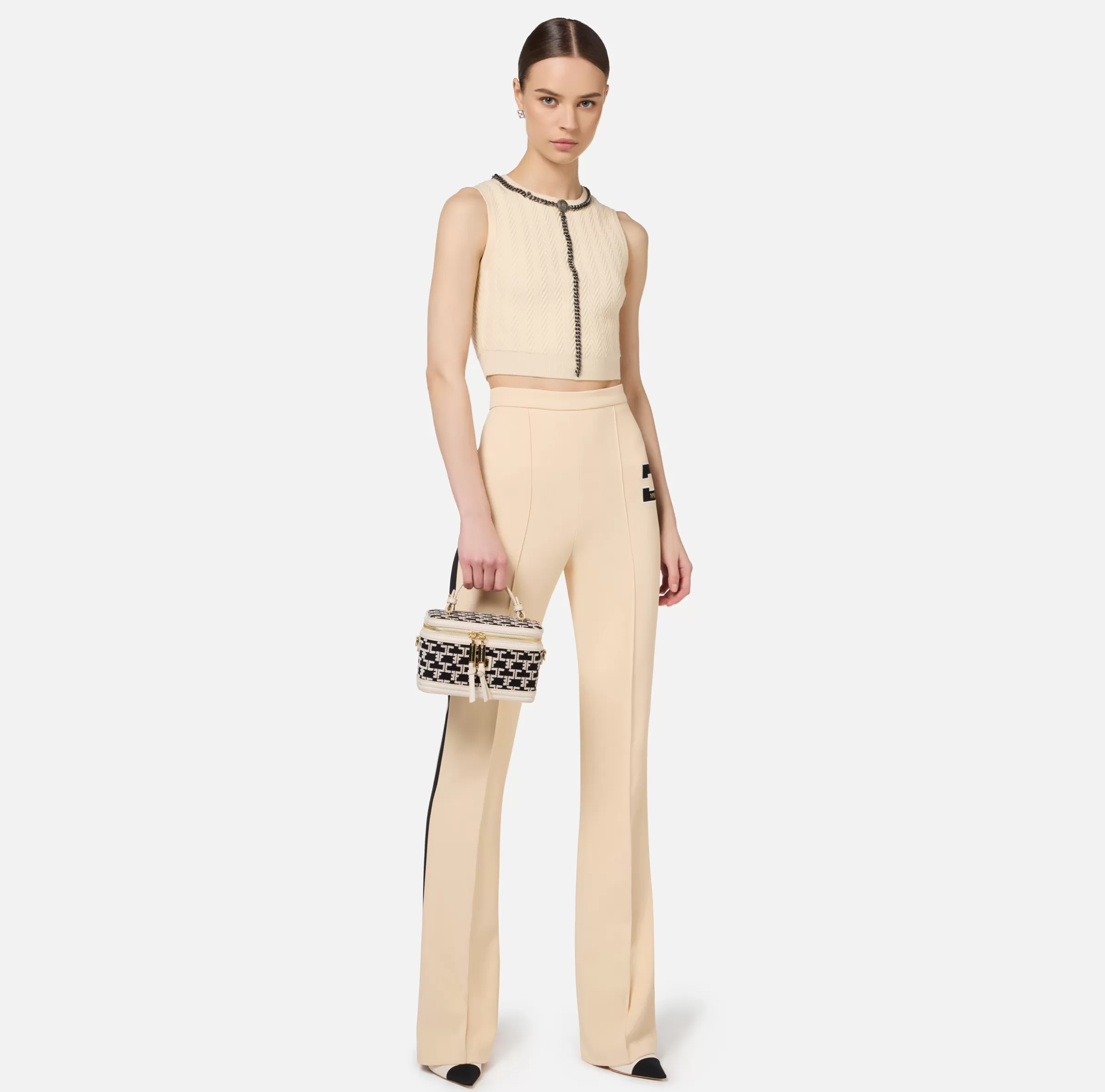Elisabetta Franchi Pantaloni E Shorts^Pantalone dritto in crêpe stretch con bande e ricamo logo Crema/Nero