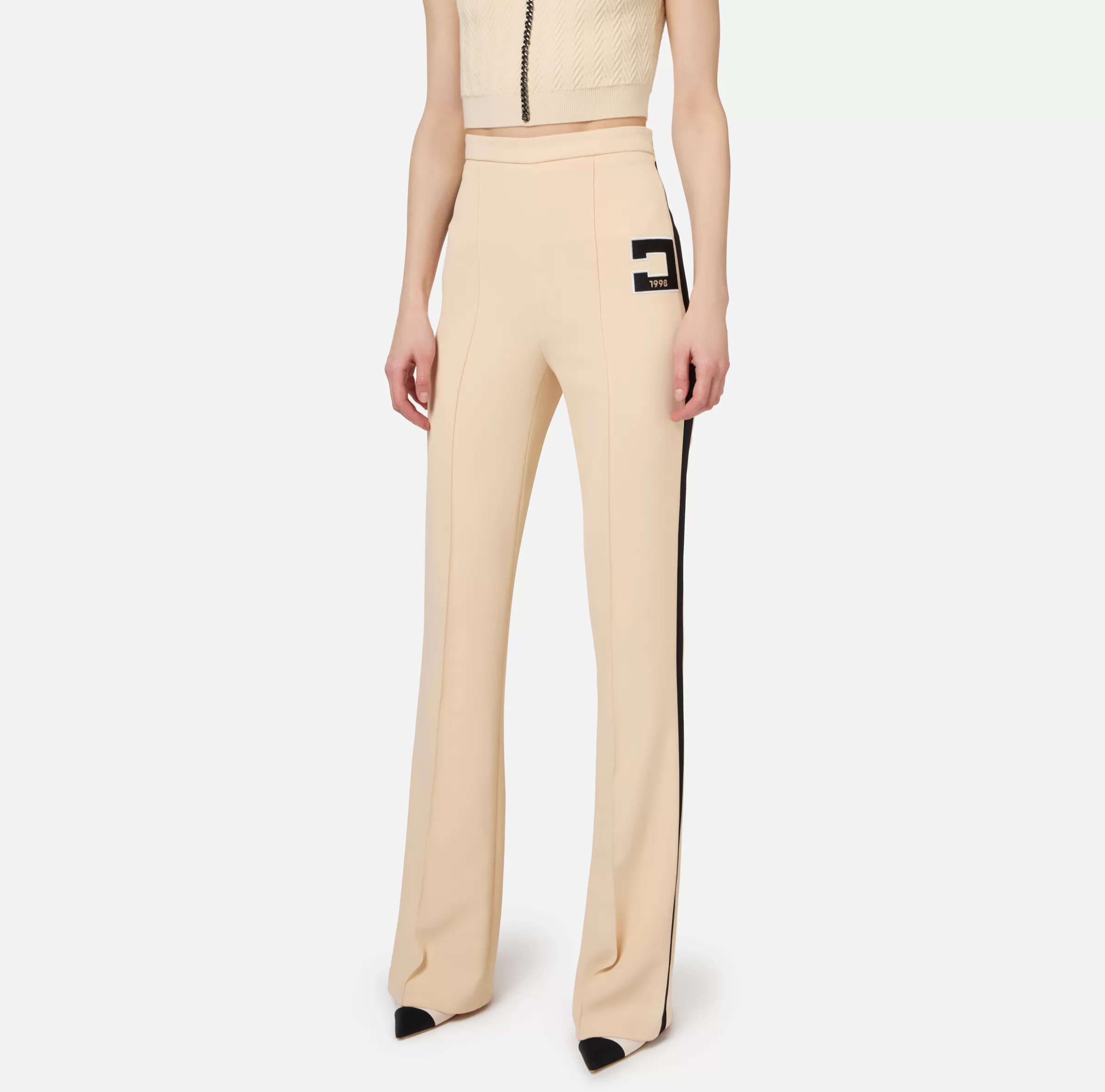 Elisabetta Franchi Pantaloni E Shorts^Pantalone dritto in crêpe stretch con bande e ricamo logo Crema/Nero