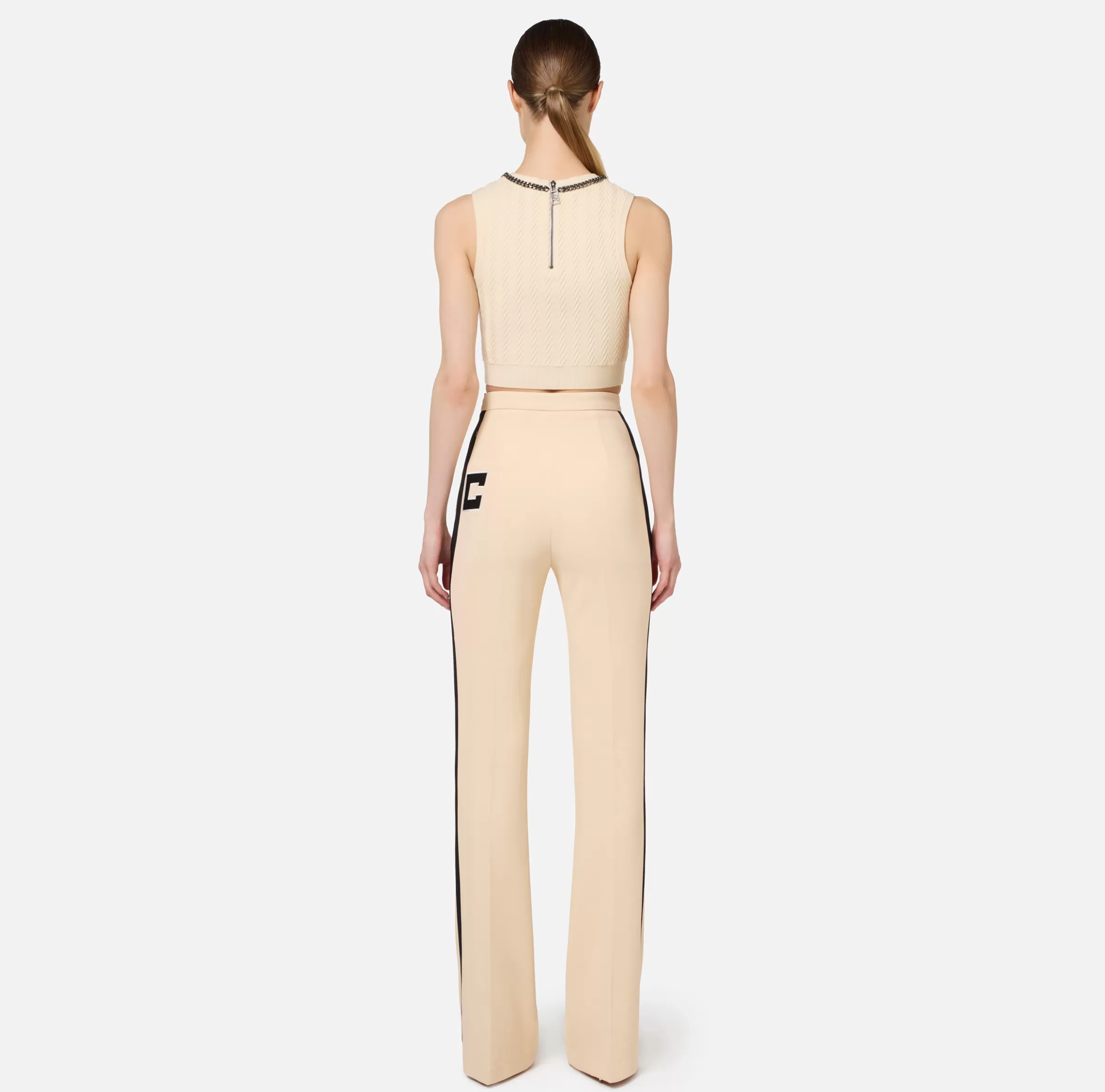 Elisabetta Franchi Pantaloni E Shorts^Pantalone dritto in crêpe stretch con bande e ricamo logo Crema/Nero
