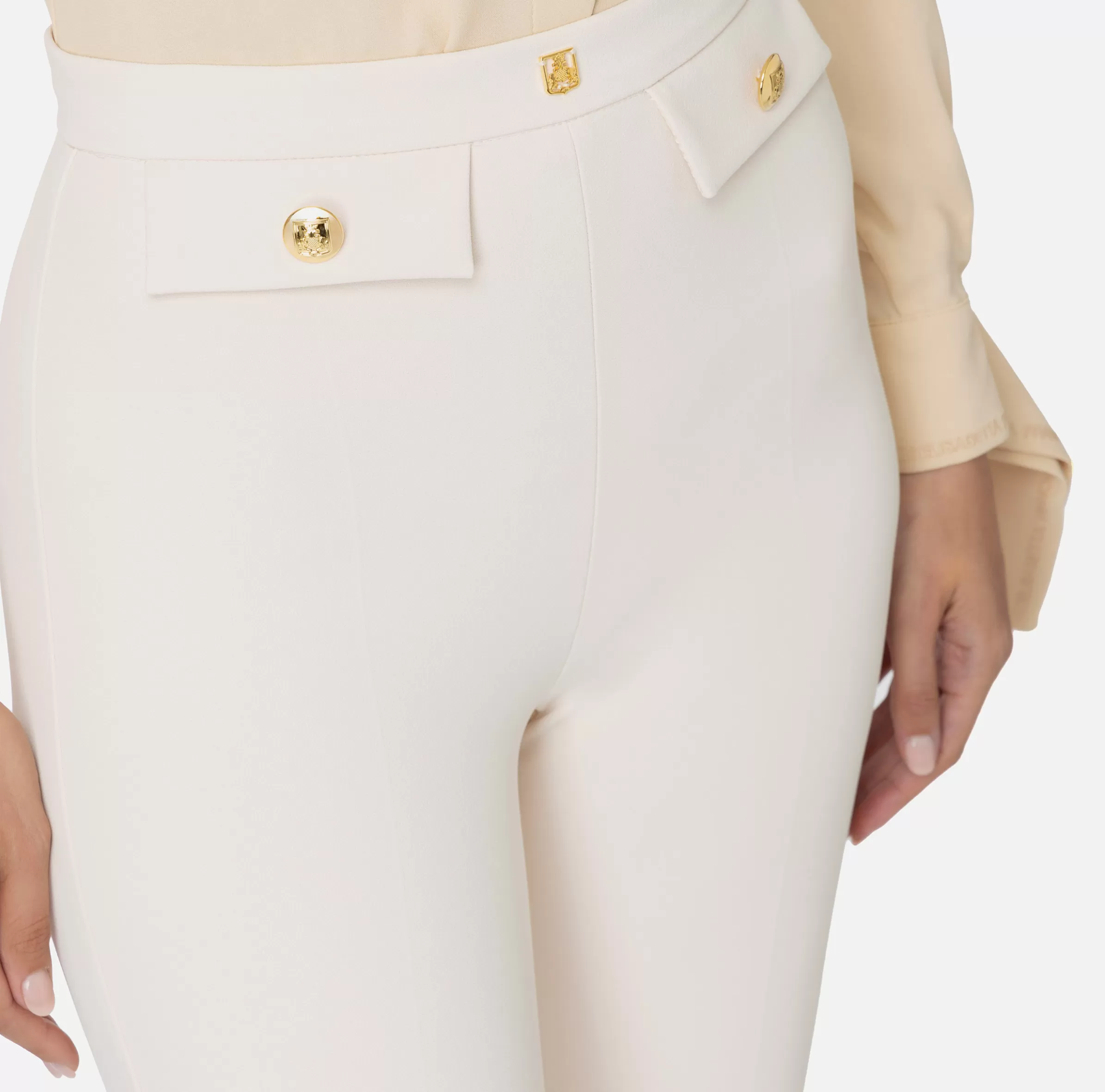 Elisabetta Franchi Tailleur | Pantaloni E Shorts^Pantalone dritto in crêpe stretch con rivetto logo Burro