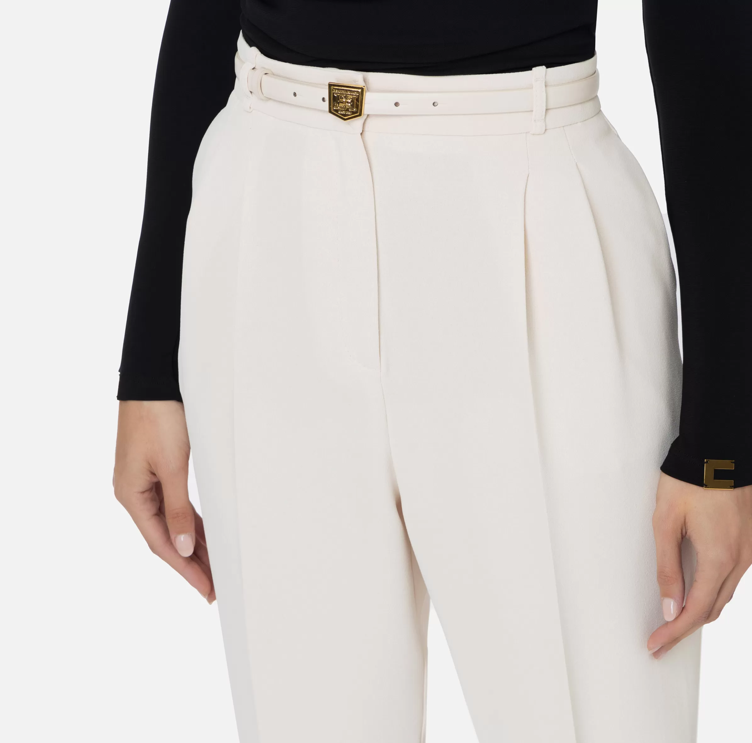 Elisabetta Franchi Pantaloni E Shorts^Pantalone in crêpe con cintura e ricamo Burro