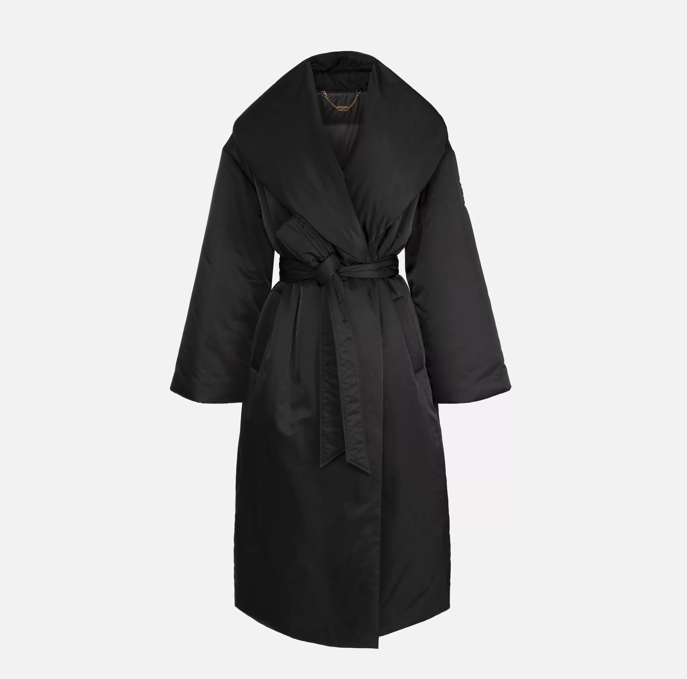 Elisabetta Franchi Capispalla^Piumino lungo in nylon satin con ampio collo Nero