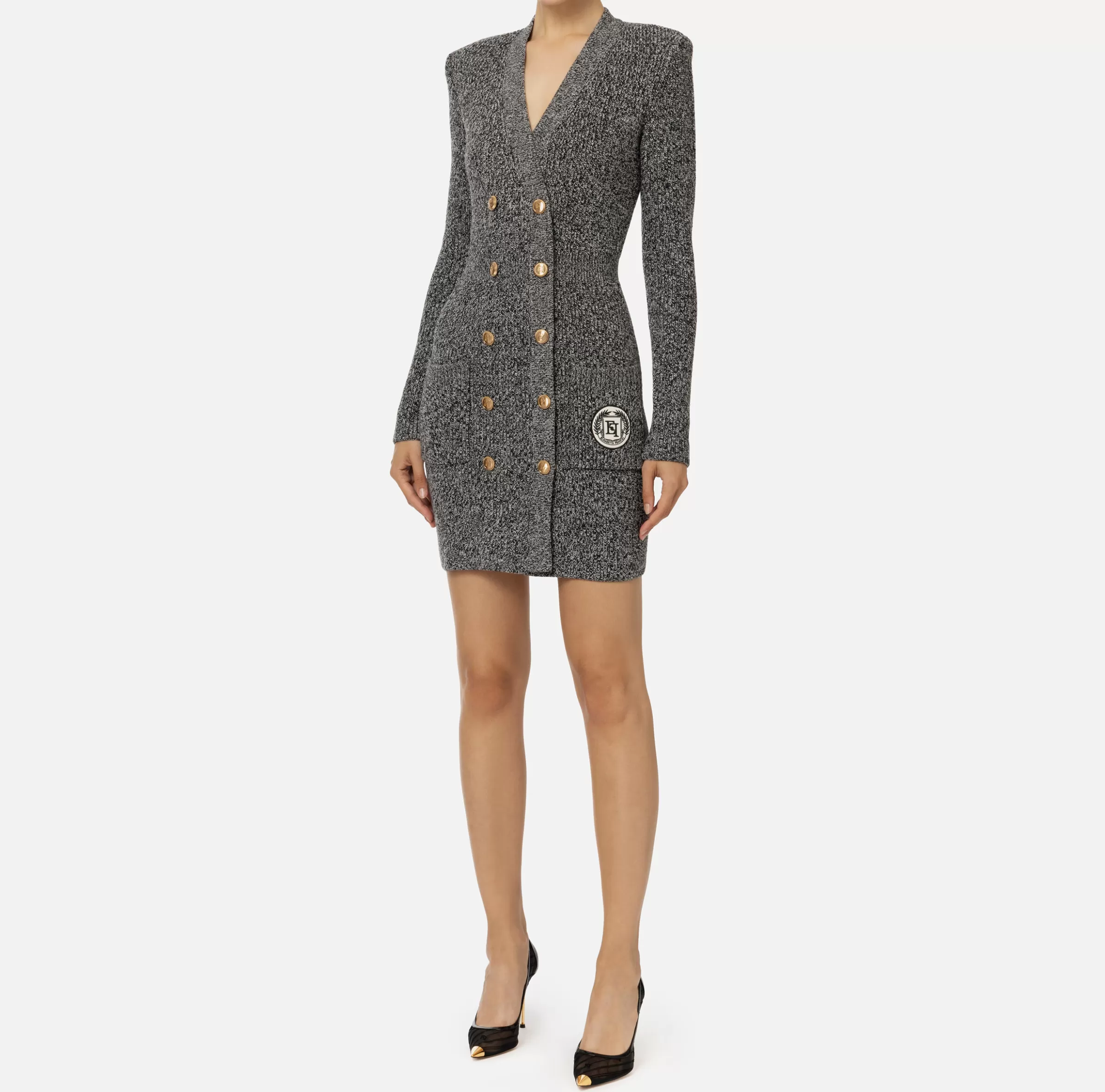 Elisabetta Franchi Mini Abiti | Abiti In Maglia^Robe manteau doppiopetto in lana mouliné con patch logo Nero/Burro