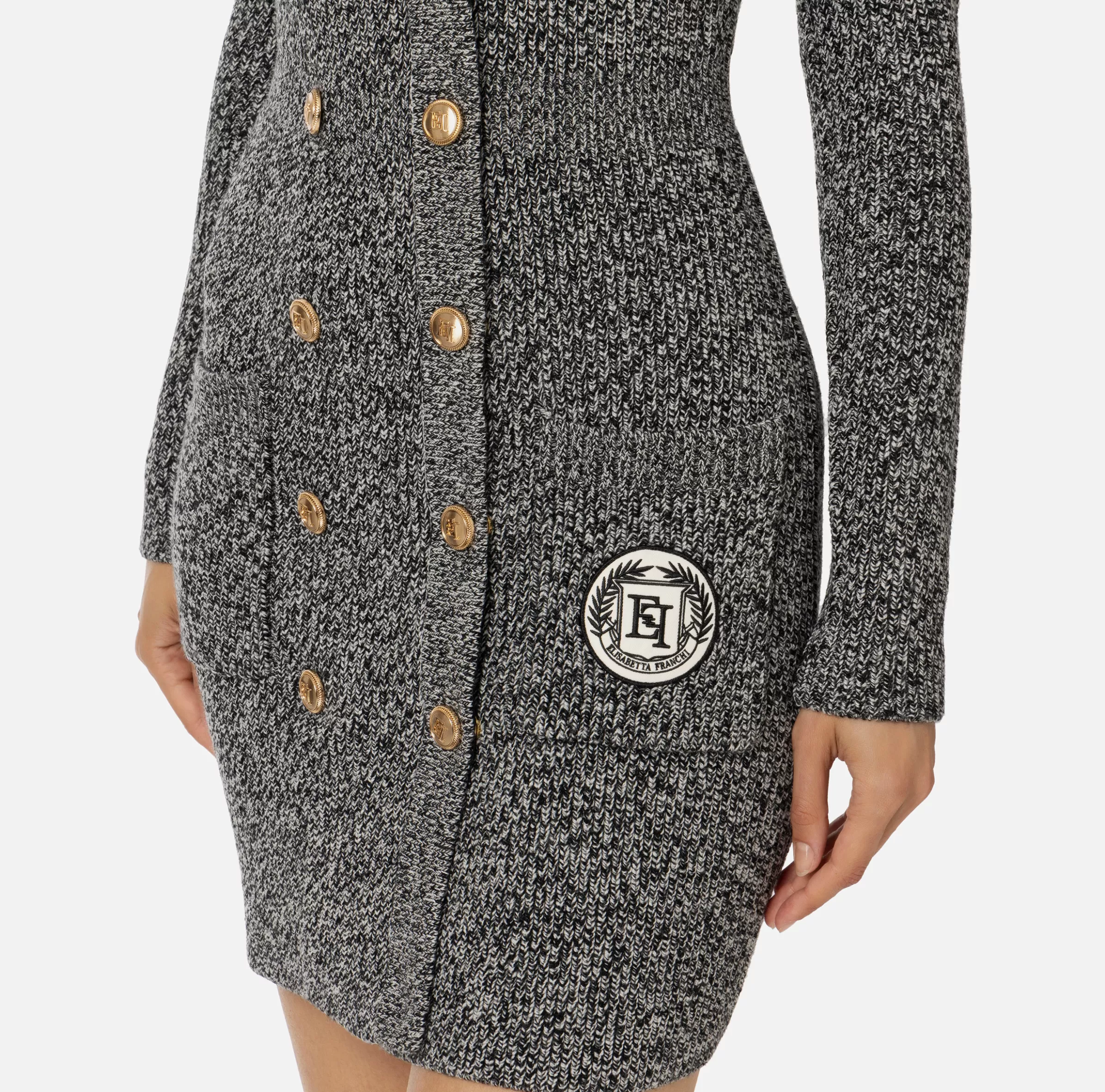 Elisabetta Franchi Mini Abiti | Abiti In Maglia^Robe manteau doppiopetto in lana mouliné con patch logo Nero/Burro