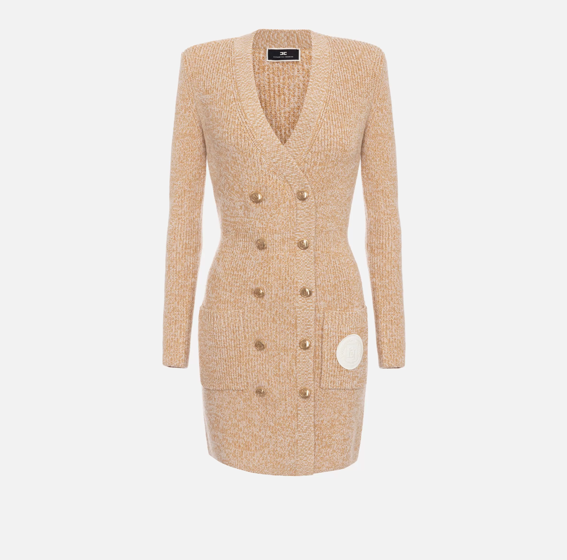 Elisabetta Franchi Mini Abiti | Abiti In Maglia^Robe manteau doppiopetto in lana mouliné con patch logo Cappuccino/Burro