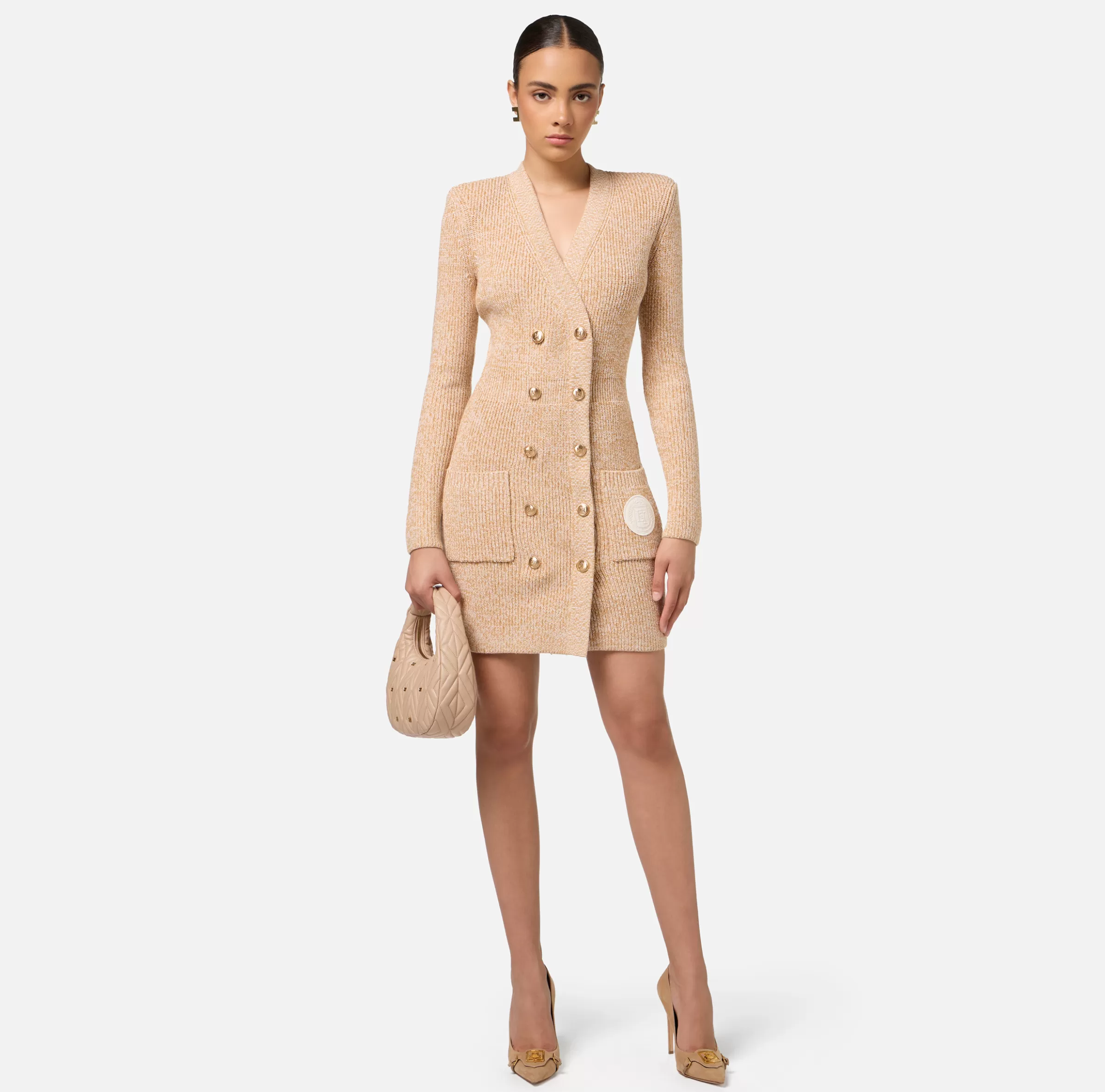 Elisabetta Franchi Mini Abiti | Abiti In Maglia^Robe manteau doppiopetto in lana mouliné con patch logo Cappuccino/Burro