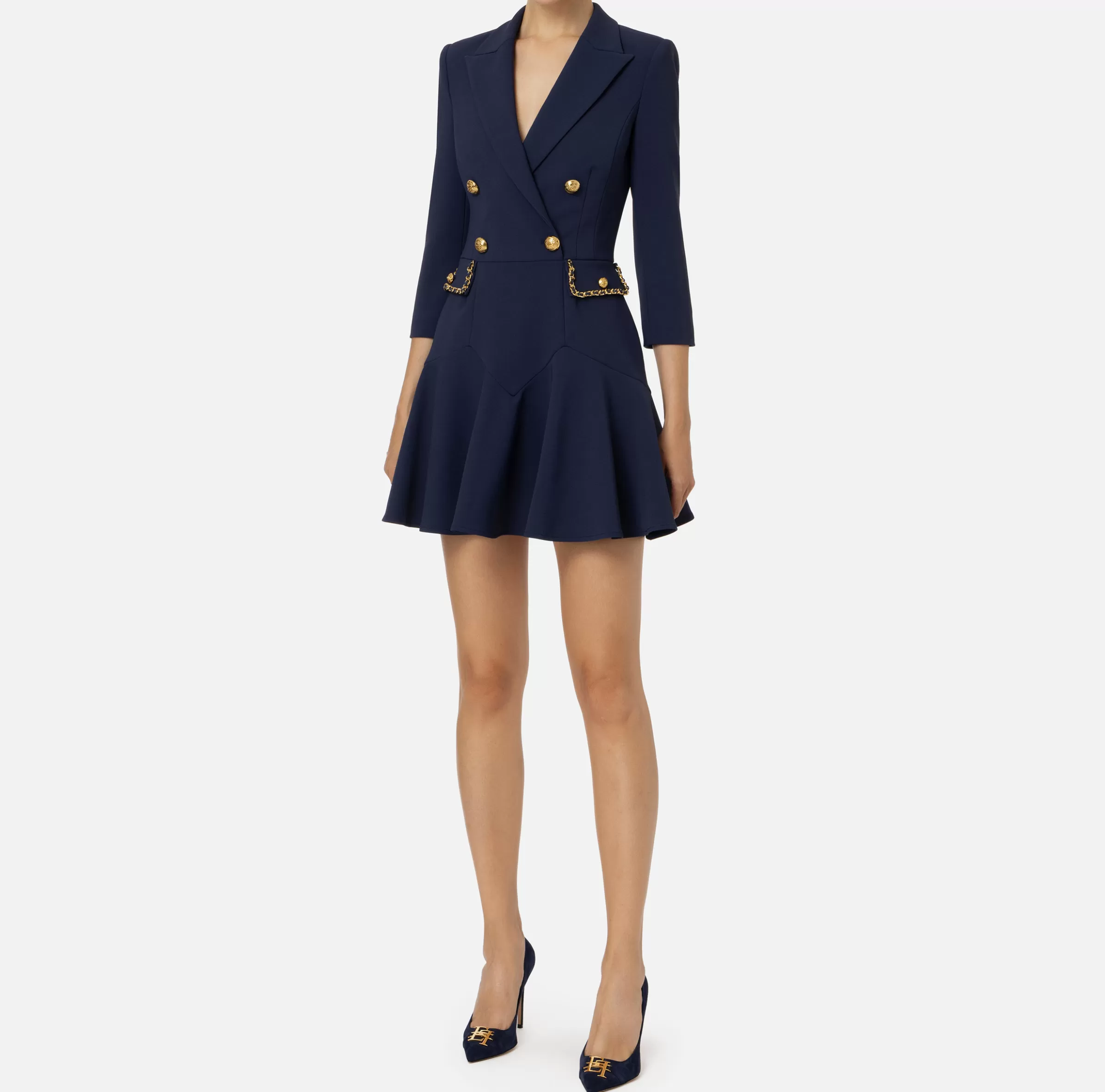 Elisabetta Franchi Mini Abiti | Robes Manteaux^Robe manteau in crêpe con catena groumette Navy