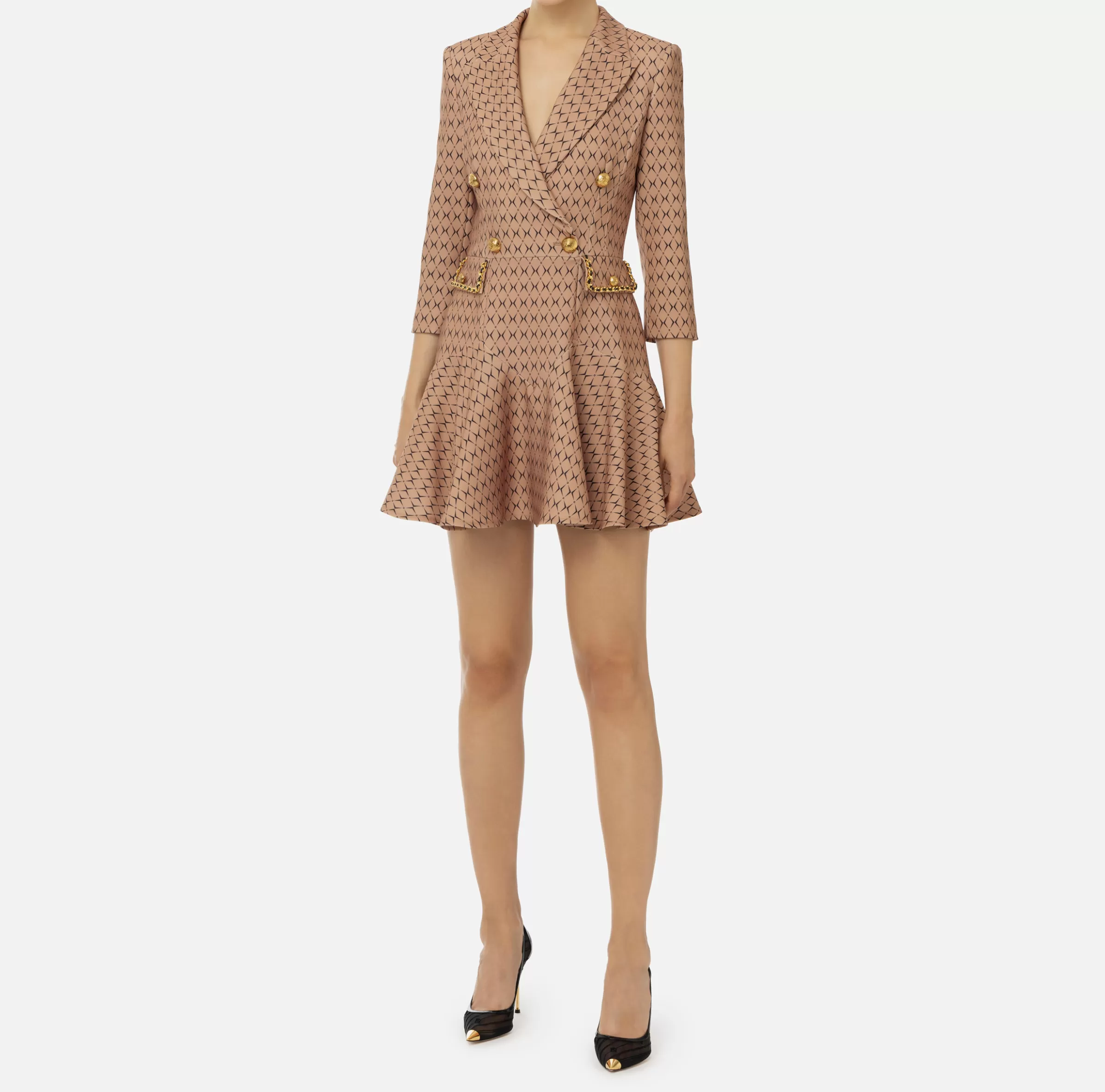 Elisabetta Franchi Mini Abiti | Robes Manteaux^Robe manteau in crêpe stretch stampa rombo con catena Camel/Nero